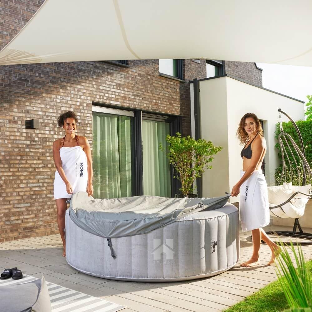 ⭐ Luxus Whirlpools – Home Deluxe - Outdoor-Whirlpool - Splash + Kissen, Getränkehalter und Sonnendach - Farbe: Beton, Durchmesser 208 cm, 130 Luftdüsen - inkl. Abdeckung, Reparaturset, Filterset I Outdoor-Whirlpool für 6 Personen – Bild 7