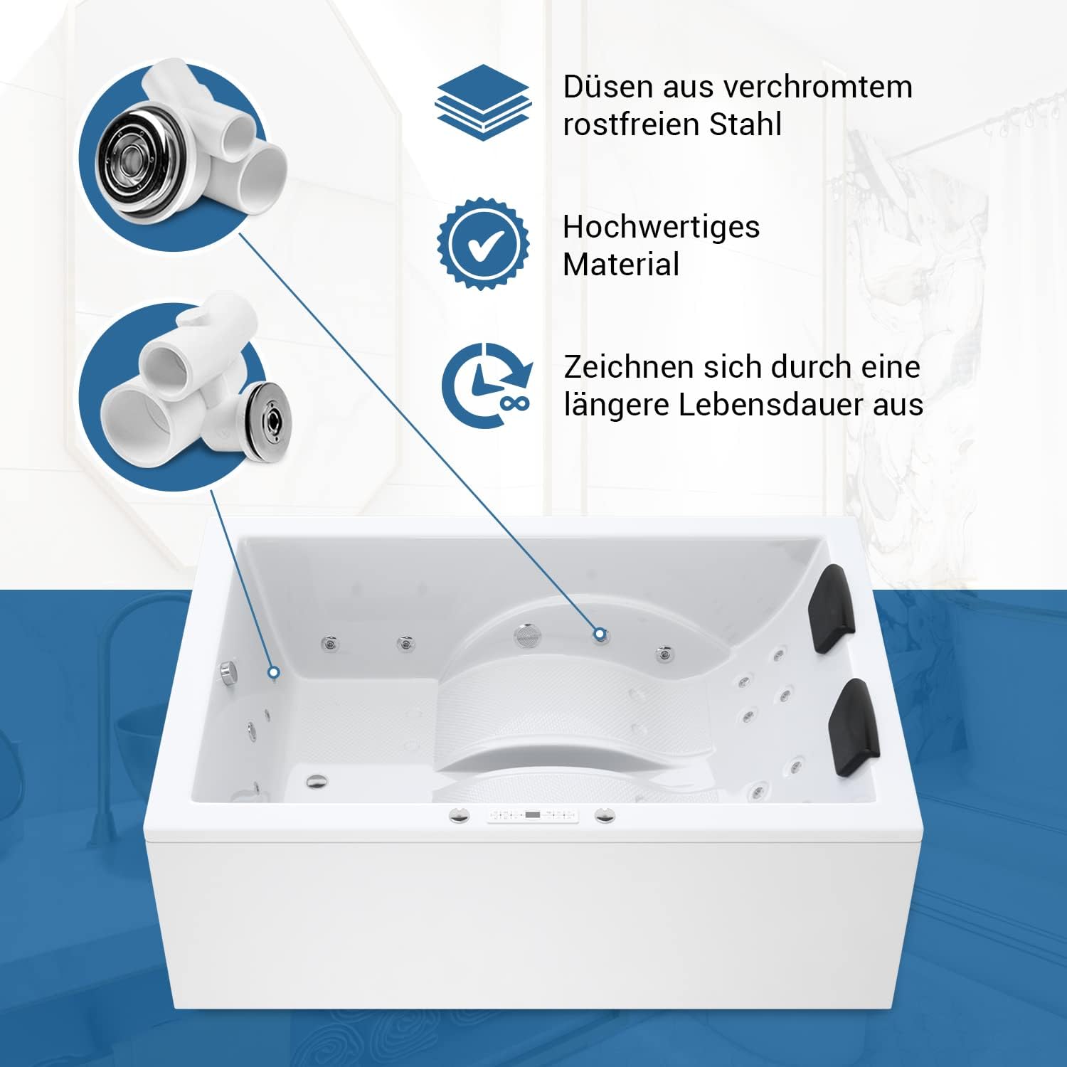 ⭐ Luxus Whirlpools – AQUADE Jаcuzzі Marburg Classic XL 2-Personen-Whirlpool-Badewanne mit LED-Whirlpool-Beleuchtung und Badekissen für Badewanne, Badewanne, Abflussgarnitur und Überlaufgarnitur mit Zulauf – Bild 3