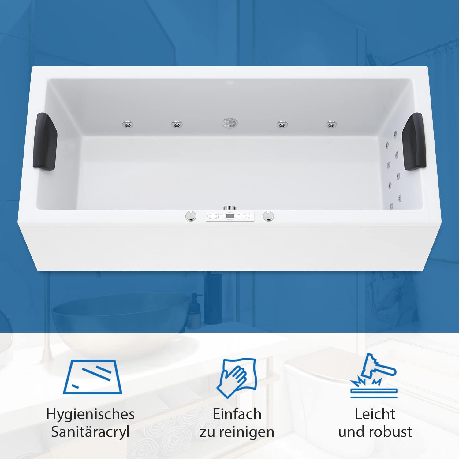 ⭐ Luxus Whirlpools – AQUADE Wolfsburg Classic Whirlpool Badewanne 180 x 80 cm mit LED Whirlpool Beleuchtung & Badekissen für Badewanne Whirlpool / Badewanne Komplettset – Bild 2