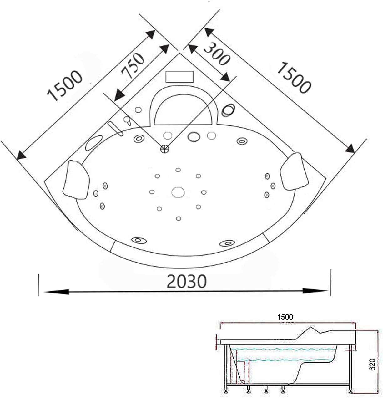 ⭐ Luxus Whirlpools – Athena Whirlpool-Badewanne, rechteckig, 2 Personen, 150 x 150 cm, Doppelpumpe, Volldüsen, Sichtfenster, Farbtherapie – Bild 8