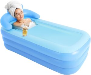 ⭐ Luxus Whirlpools  – Aufblasbare Badewanne für Erwachsene Premium – XXL-Spa-Badewanne mit Reißverschlussabdeckung und Kopfstütze, faltbar/tragbar für Eisbäder + Fußpumpe, verdickte Massagebasis, Drainage (160 x 84 x 64 cm)