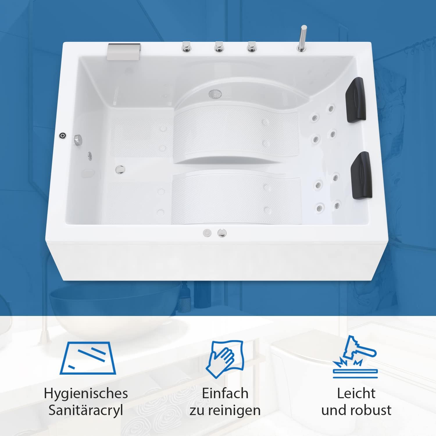 ⭐ Luxus Whirlpools – AQUADE Jacuzzi Marburg Basic 2 Personen Whirlpool 180 x 130 cm mit LED Whirlpoolbeleuchtung, Wasserhahn Whirlpool Badewanne & Badekissen für Badewanne Whirlpool 2 Personen / Badewanne Komplettset – Bild 2