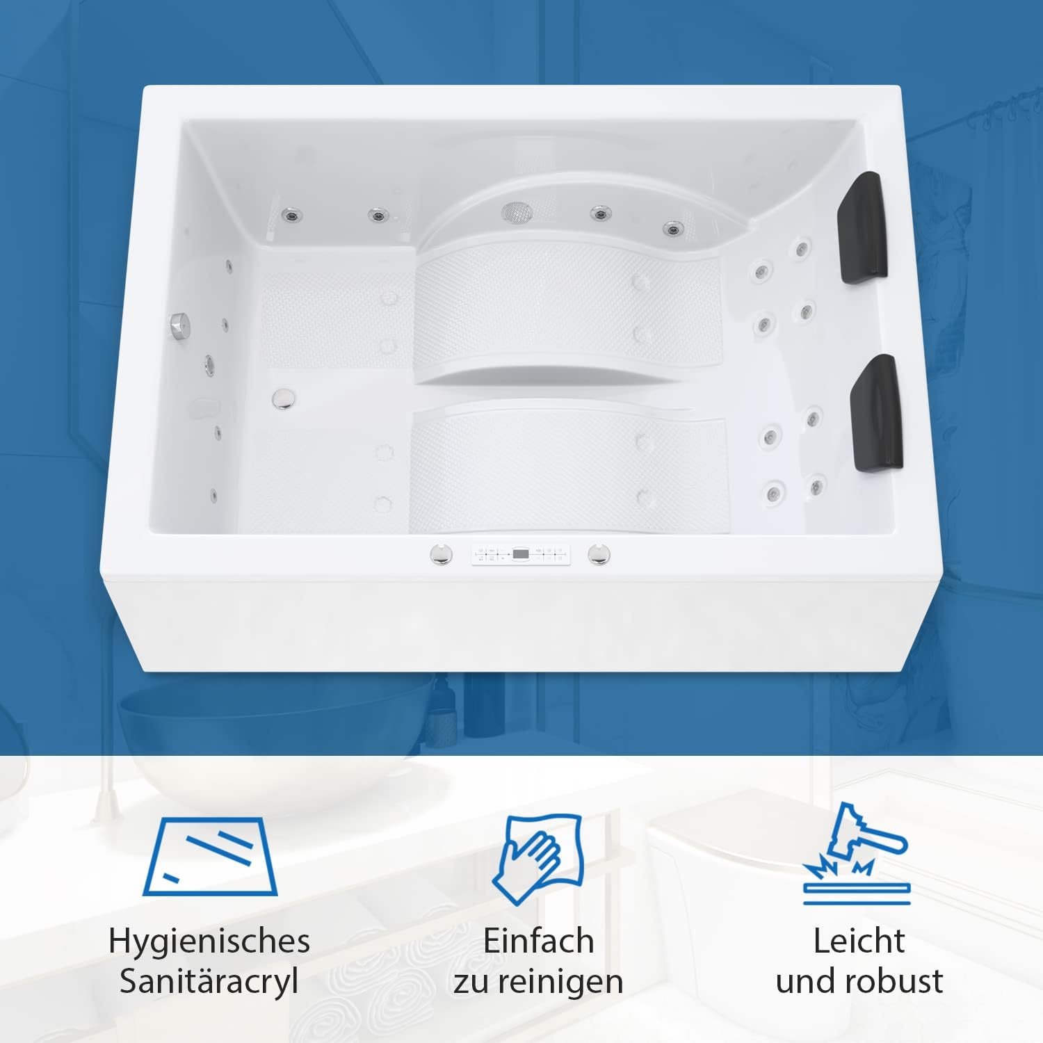 ⭐ Luxus Whirlpools – AQUADE Jаcuzzі Marburg Classic XL 2-Personen-Whirlpool-Badewanne mit LED-Whirlpool-Beleuchtung und Badekissen für Badewanne, Badewanne, Abflussgarnitur und Überlaufgarnitur mit Zulauf – Bild 2