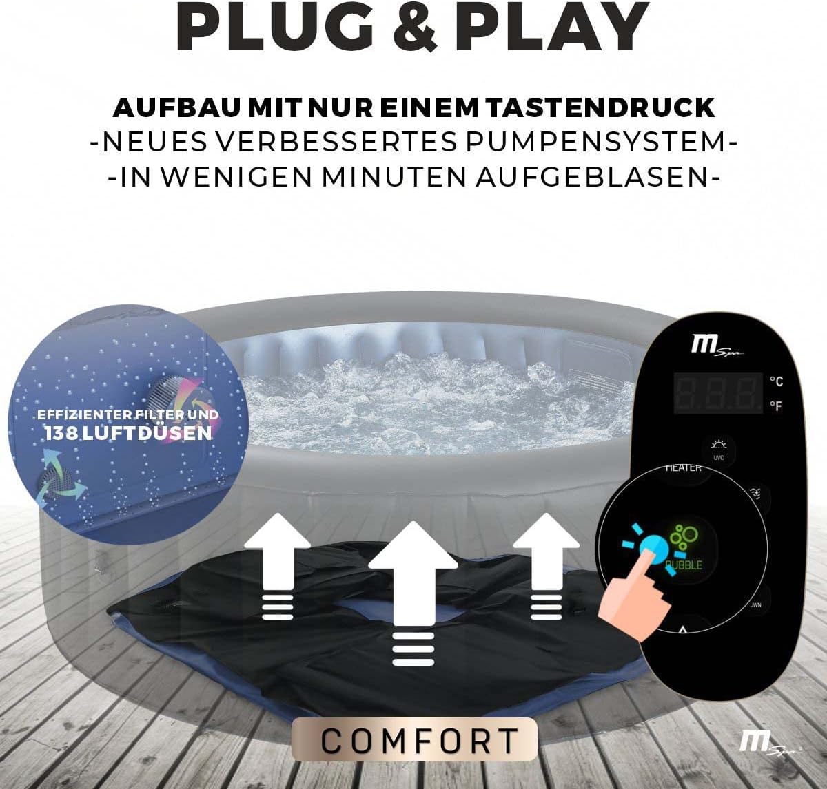 🧊 Whirlpools für Balkon & Terrasse – Miweba Aufblasbarer Whirlpool MSpa 2021, Comfort Bergen C-BE061, für 6 Personen, 138 Luftdüsen, 204,0 x 204,0 x 70,0 cm (Anthrazit/Blau) – Bild 4