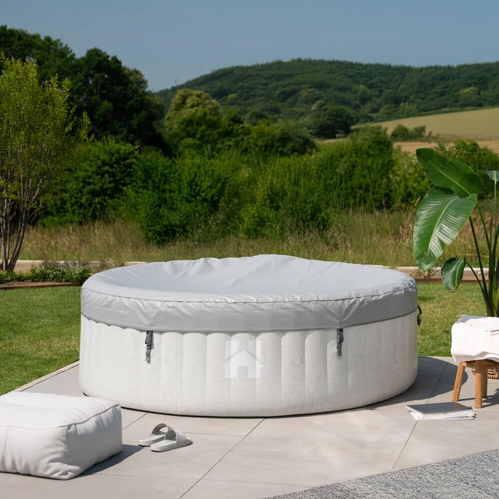 ⭐ Luxus Whirlpools – Home Deluxe - Outdoor-Whirlpool - Splash + Kissen, Getränkehalter und Sonnendach - Farbe: Beton, Durchmesser 208 cm, 130 Luftdüsen - inkl. Abdeckung, Reparaturset, Filterset I Outdoor-Whirlpool für 6 Personen – Bild 3