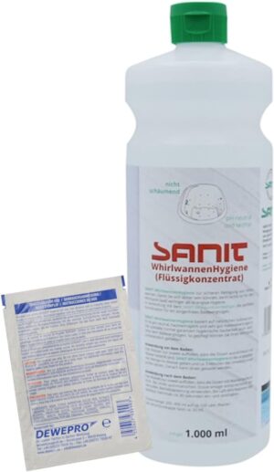 🧼 Zubehör & Pflege – DEWEPRO Set: Sanit WhirlwannenHygiene (3171) – Bottle of 1000 ml – For Hygienic Operation of the Whirlpool – Includes 1 Dewepro® Single Scrubs