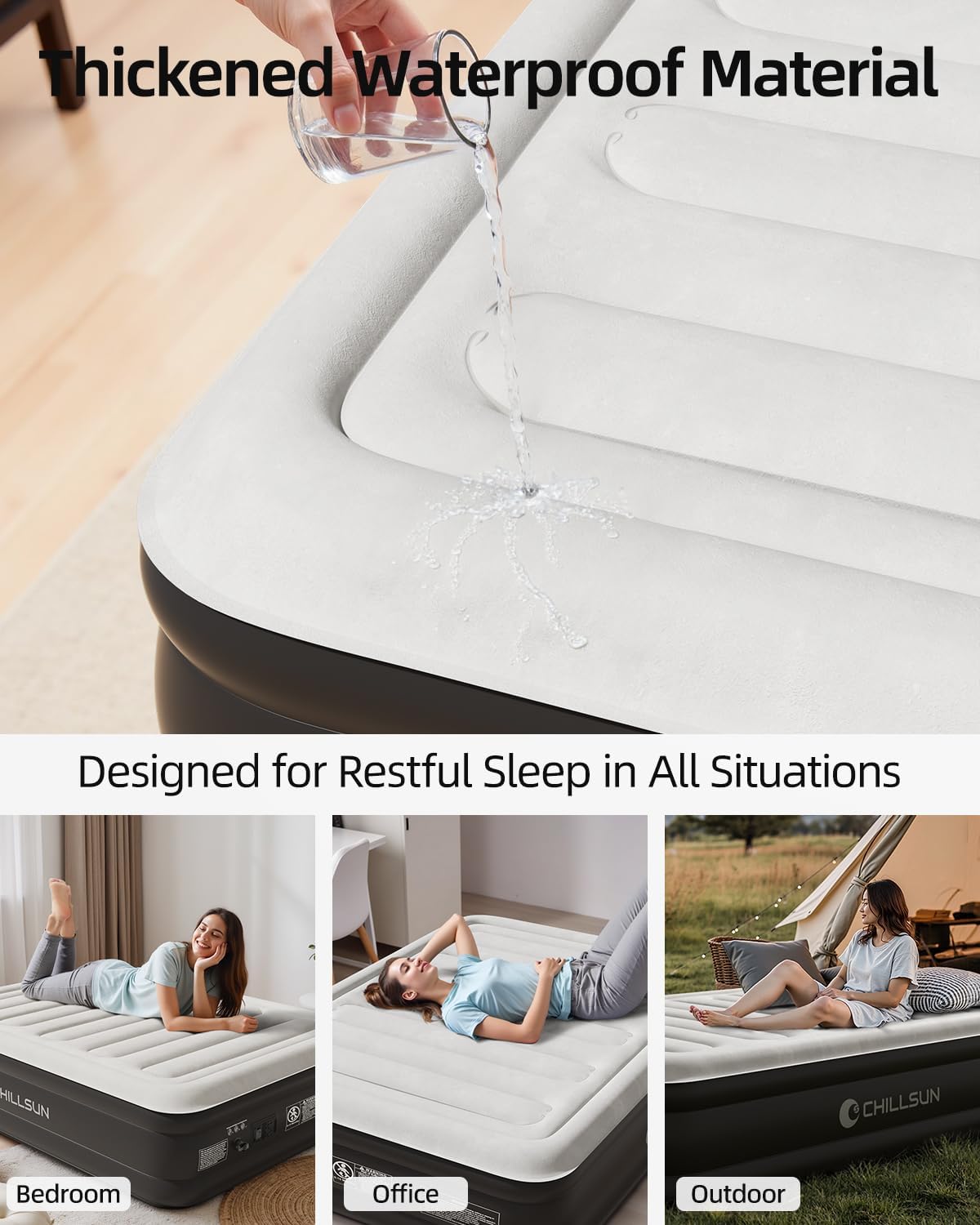⭐ Luxus Whirlpools – CHILLSUN Luftbett, Luftmatratze für 2 Personen, 203 x 152 x 46 cm, aufblasbare Matratze mit elektrischer Pumpe, extra dicke wasserdichte beflockte Oberfläche, leicht zu verstauen für Camping und Gästebett – Bild 4