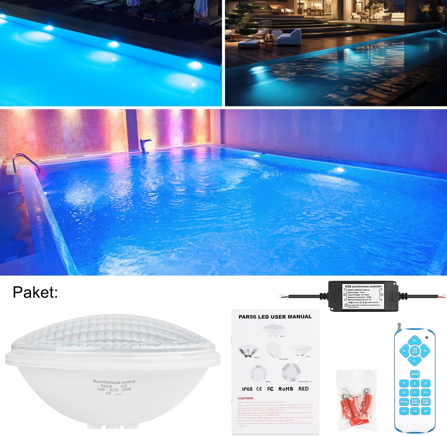 ⭐ Luxus Whirlpools – COOLWEST LED Poolbeleuchtung 36W PAR56 RGBW Poolbeleuchtung Unterwasser Externe Synchronisation IP68 mit Fernbedienung Poolbeleuchtung Unterwasser AC 12V für Schwimmbad- und Gartenbeleuchtung – Bild 7