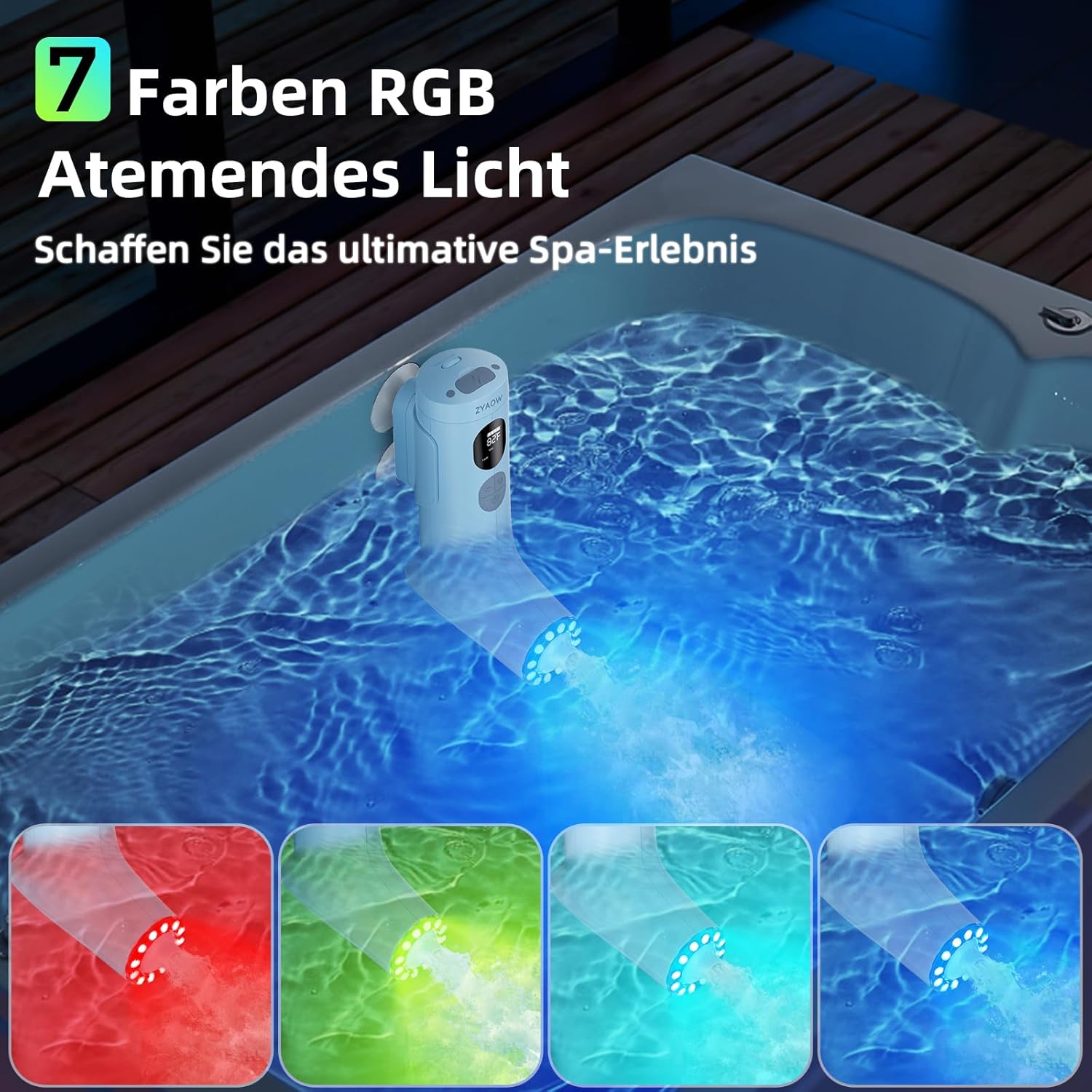 ⭐ Luxus Whirlpools – Bade Spa Massagegerät, ZYAOW Bade Massagegerät Whirlpool Badewanne Blasen-/Jet-Modus, 7 Farben RGB-Atemlicht, Digitales Display, IP67 Wasserdichtes Gerät, Weihnachtsgeschenke für Freunde (Blau) – Bild 3