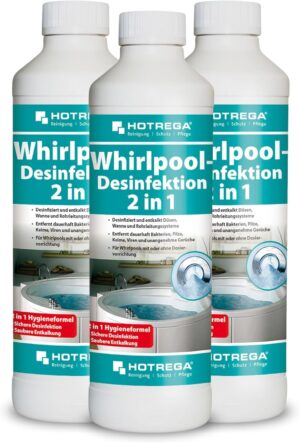 🧼 Zubehör & Pflege – HOTREGA Whirlpool Disinfectant 2-in-1 3 x 500 ml | Whirlpool Cleaner | Disinfects, Cleans, Descales | Powerful Against Limescale Bacteria Viruses & Odours