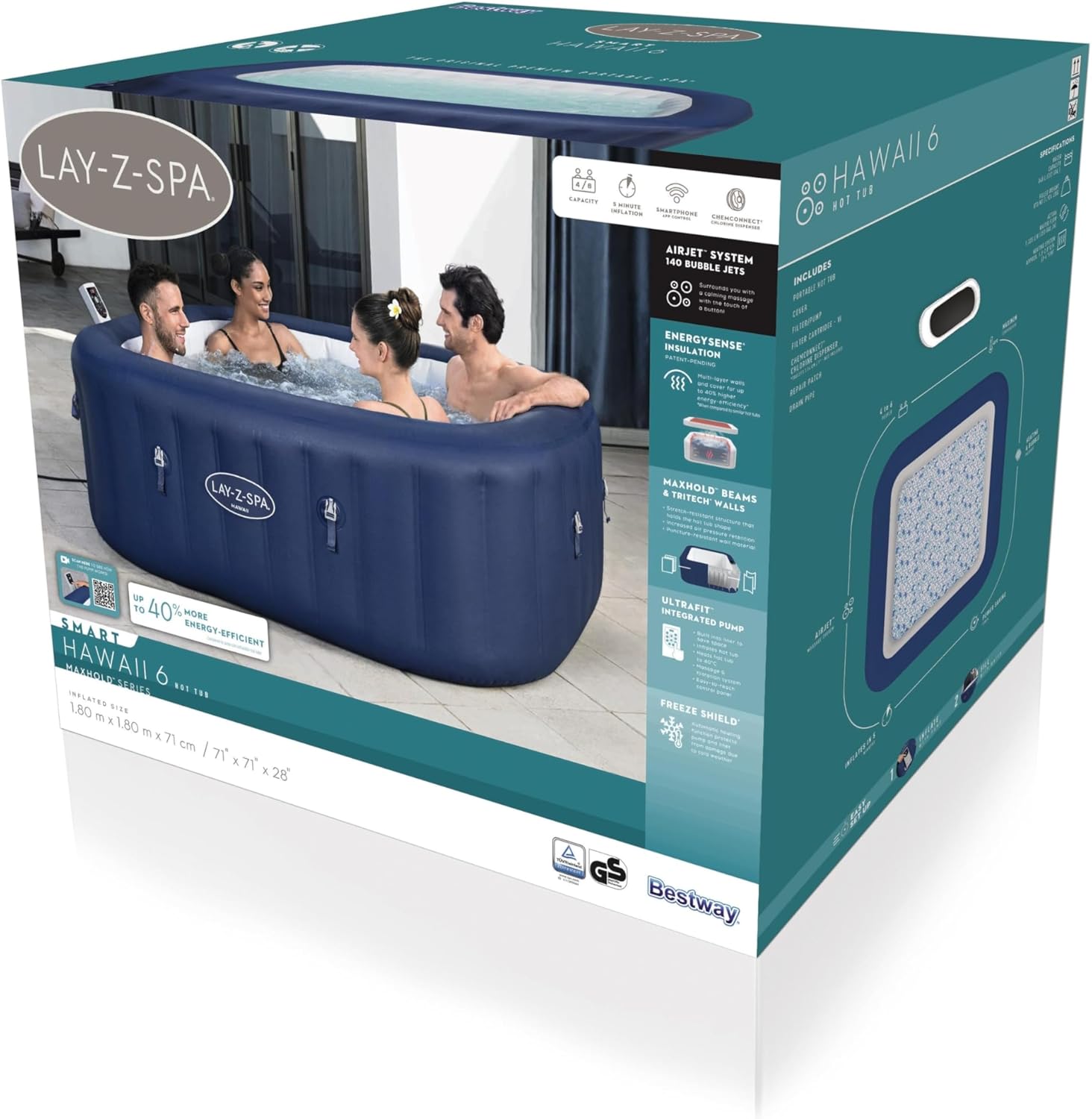 ⭐ Luxus Whirlpools – Bestway Lay-Z-SPA Hawaii AirJet Energiespar-Whirlpool mit App-Steuerung + integrierter UltraFit-Pumpeneinheit, für 6 Personen, 180 x 180 x 71 cm, Kobaltblau – Bild 8