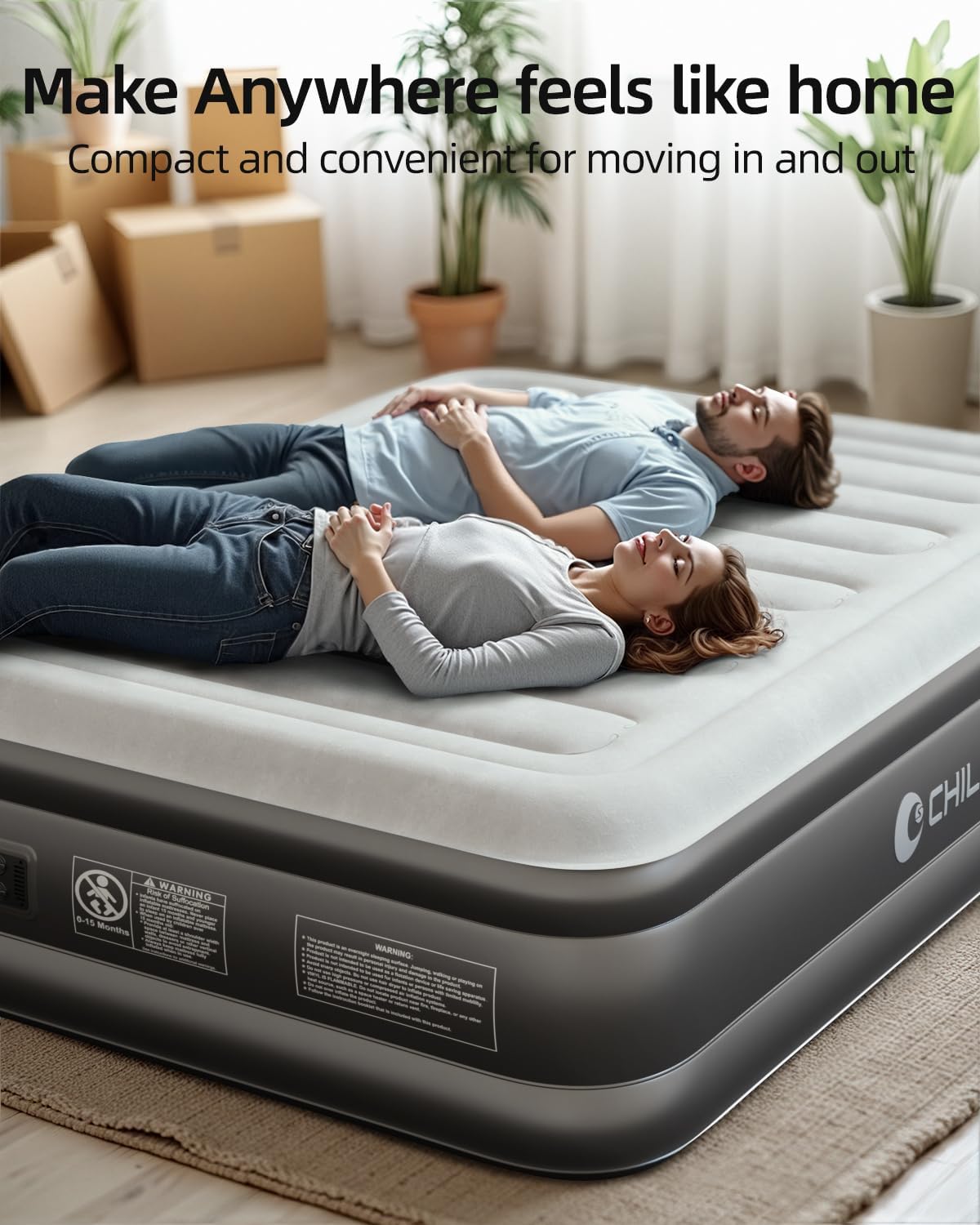 ⭐ Luxus Whirlpools – CHILLSUN Luftbett, Luftmatratze für 2 Personen, 203 x 152 x 46 cm, aufblasbare Matratze mit elektrischer Pumpe, extra dicke wasserdichte beflockte Oberfläche, leicht zu verstauen für Camping und Gästebett – Bild 9