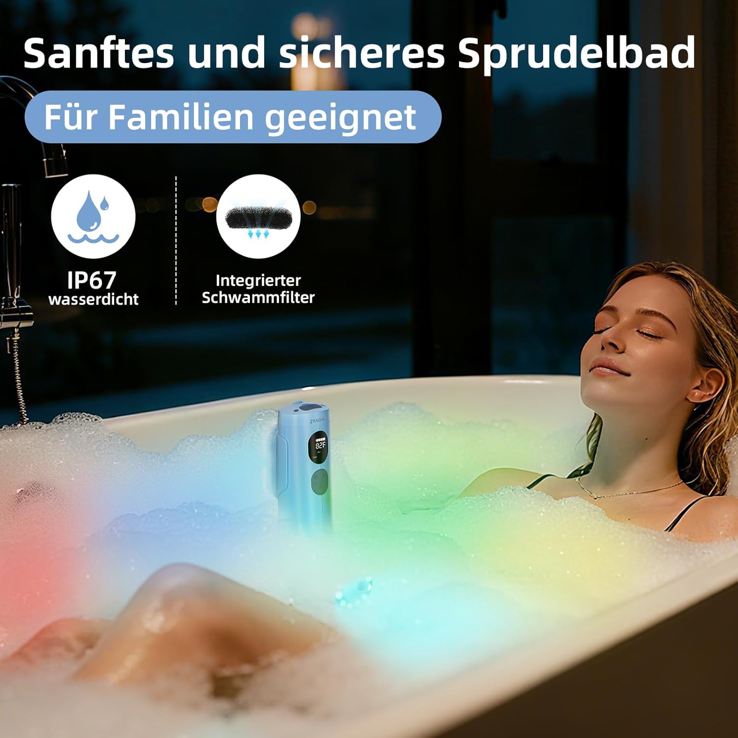⭐ Luxus Whirlpools – Bade Spa Massagegerät, ZYAOW Bade Massagegerät Whirlpool Badewanne Blasen-/Jet-Modus, 7 Farben RGB-Atemlicht, Digitales Display, IP67 Wasserdichtes Gerät, Weihnachtsgeschenke für Freunde (Blau) – Bild 7