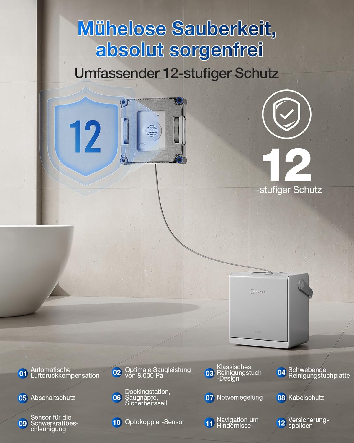 🧼 Zubehör & Pflege – ECOVACS Winbot W2S Omni Window Cleaning Robot with Multifunctional Station, Intelligent Up to the Edge Cleaning with TruEdge, Charging During Operation, Three Water Nozzles, 12-Level Protection – Bild 8