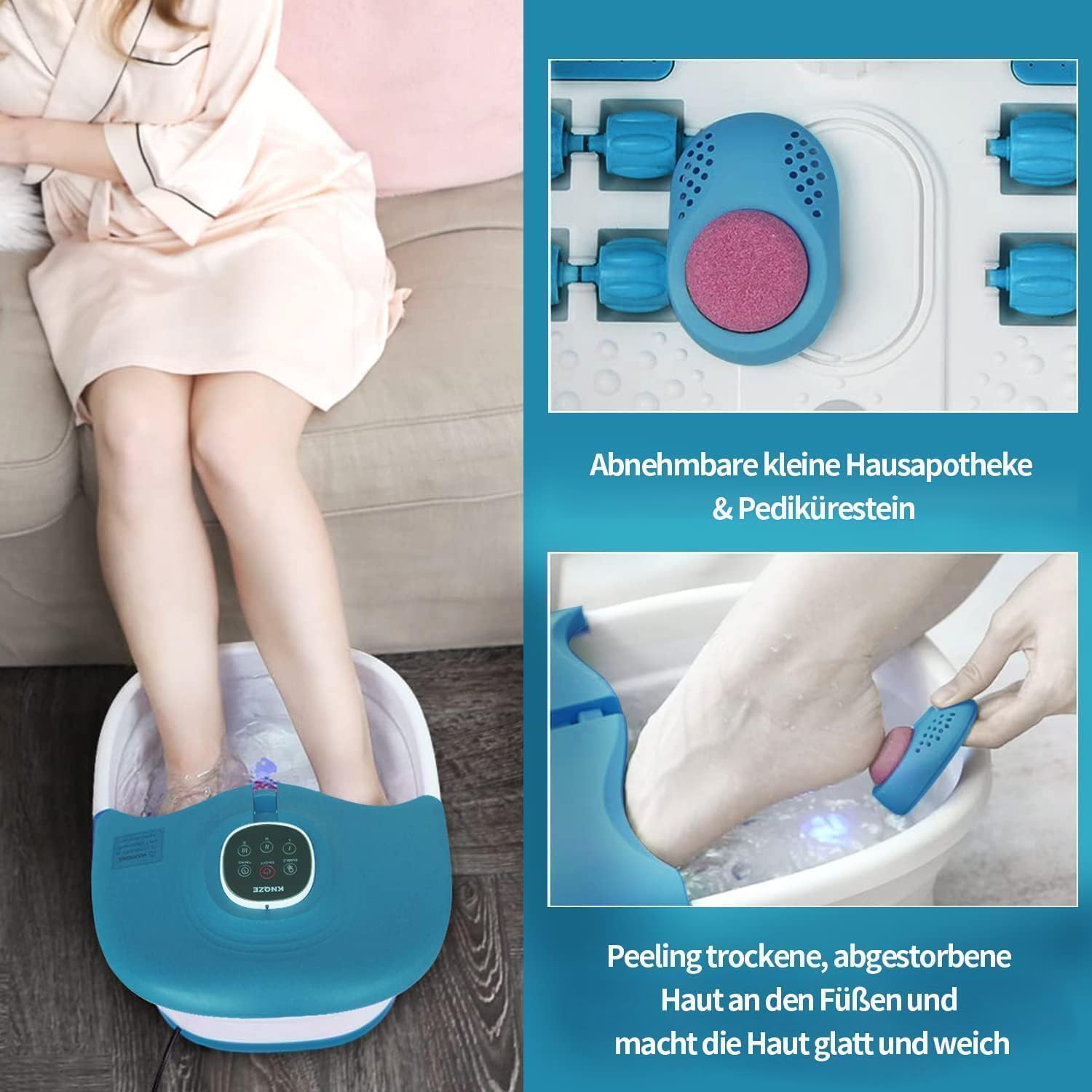 ⭐ Luxus Whirlpools – Fußsprudelbad mit Massage- und Heizfunktion, klappbares Fußmassagegerät, Fernbedienung, Wärmefunktion, Fußreflexzonenmassage, Timer, Fußbad mit 16 Shiatsu-Rollen (blau) – Bild 4