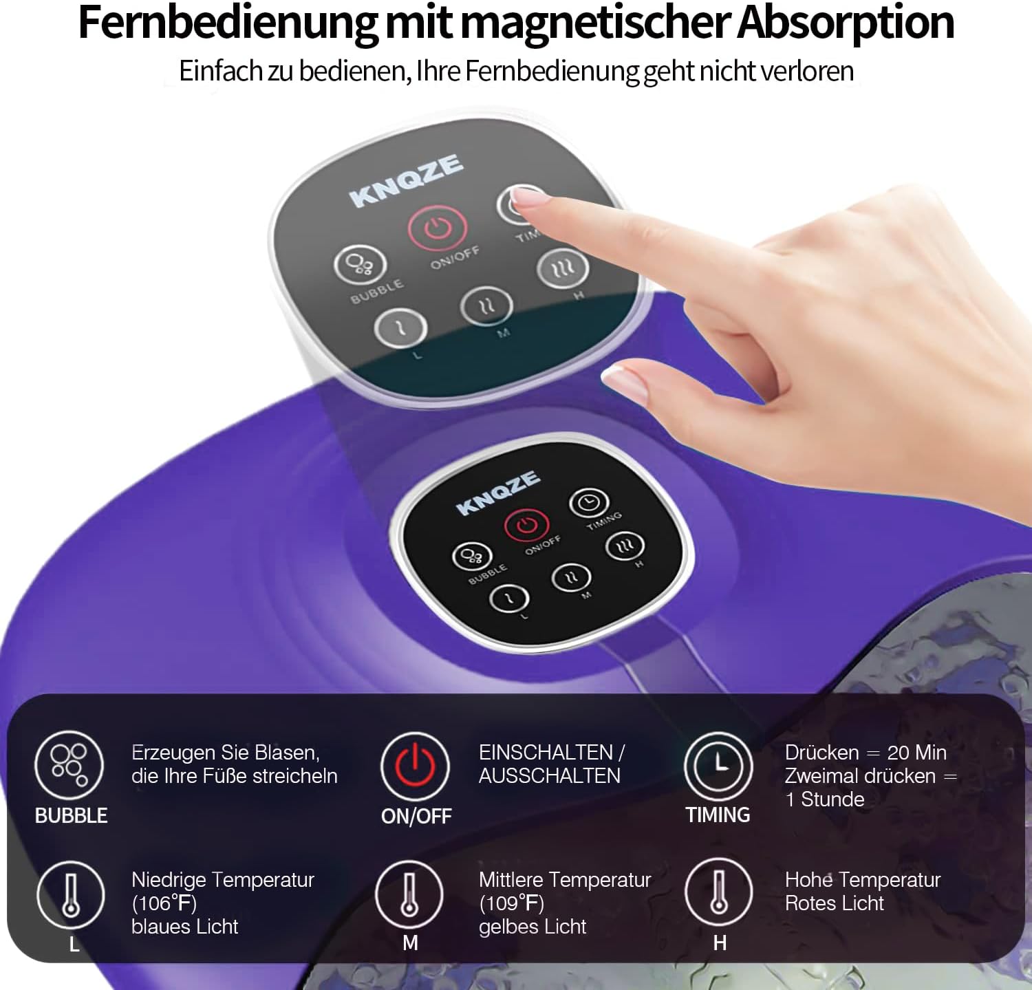 ⭐ Luxus Whirlpools – Fußsprudelbad mit Massage- und Heizfunktion, klappbares Fußmassagegerät, Fernbedienung, Wärmefunktion, Fußreflexzonenmassage, Timer, Fußbad mit 16 Shiatsu-Rollen, lila – Bild 6