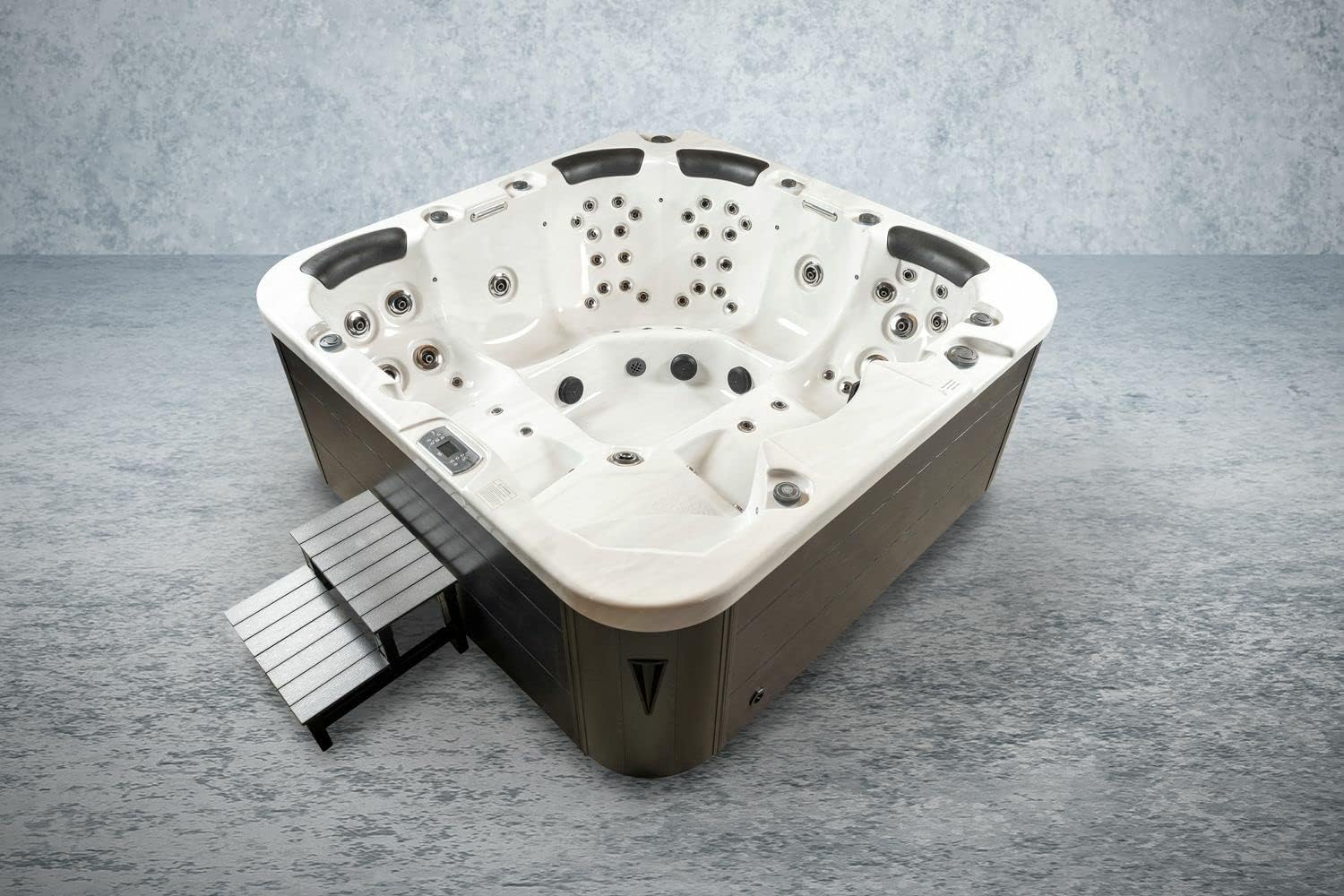 ⭐ Luxus Whirlpools – Amerikanischer Outdoor-Whirlpool von PureHaven, 230 x 230 cm, für 6 Personen, mit 71 Massagedüsen, Heizung, LEDs, Thermoabdeckung, Farbe Sterlingsilber/Grau