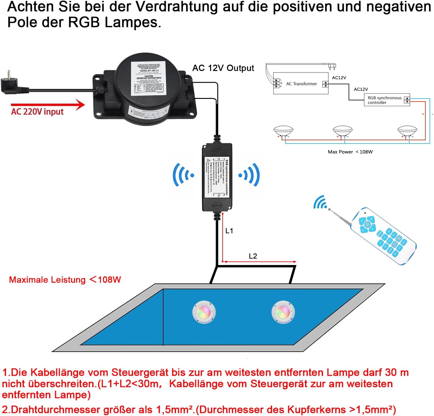⭐ Luxus Whirlpools – COOLWEST LED Poolbeleuchtung 36W PAR56 RGBW Poolbeleuchtung Unterwasser Externe Synchronisation IP68 mit Fernbedienung Poolbeleuchtung Unterwasser AC 12V für Schwimmbad- und Gartenbeleuchtung – Bild 2