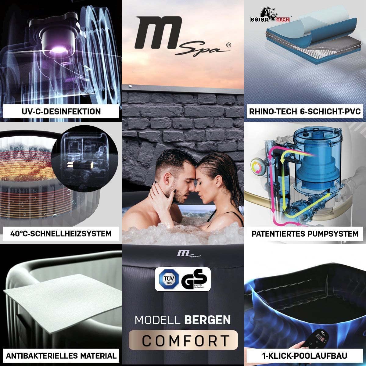 🧊 Whirlpools für Balkon & Terrasse – Miweba Aufblasbarer Whirlpool MSpa 2021, Comfort Bergen C-BE061, für 6 Personen, 138 Luftdüsen, 204,0 x 204,0 x 70,0 cm (Anthrazit/Blau) – Bild 2