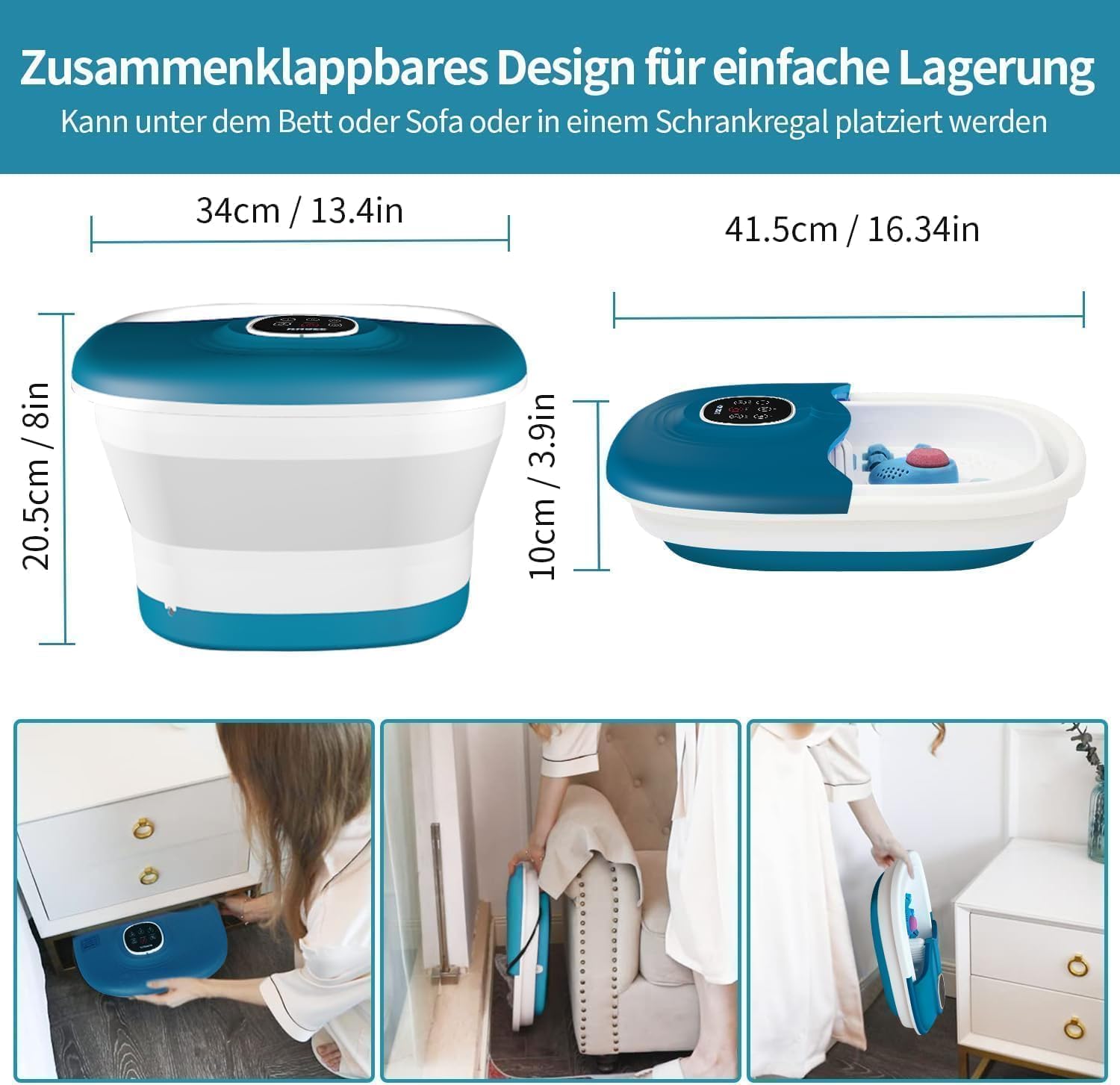 ⭐ Luxus Whirlpools – Fußsprudelbad mit Massage- und Heizfunktion, klappbares Fußmassagegerät, Fernbedienung, Wärmefunktion, Fußreflexzonenmassage, Timer, Fußbad mit 16 Shiatsu-Rollen (blau) – Bild 7