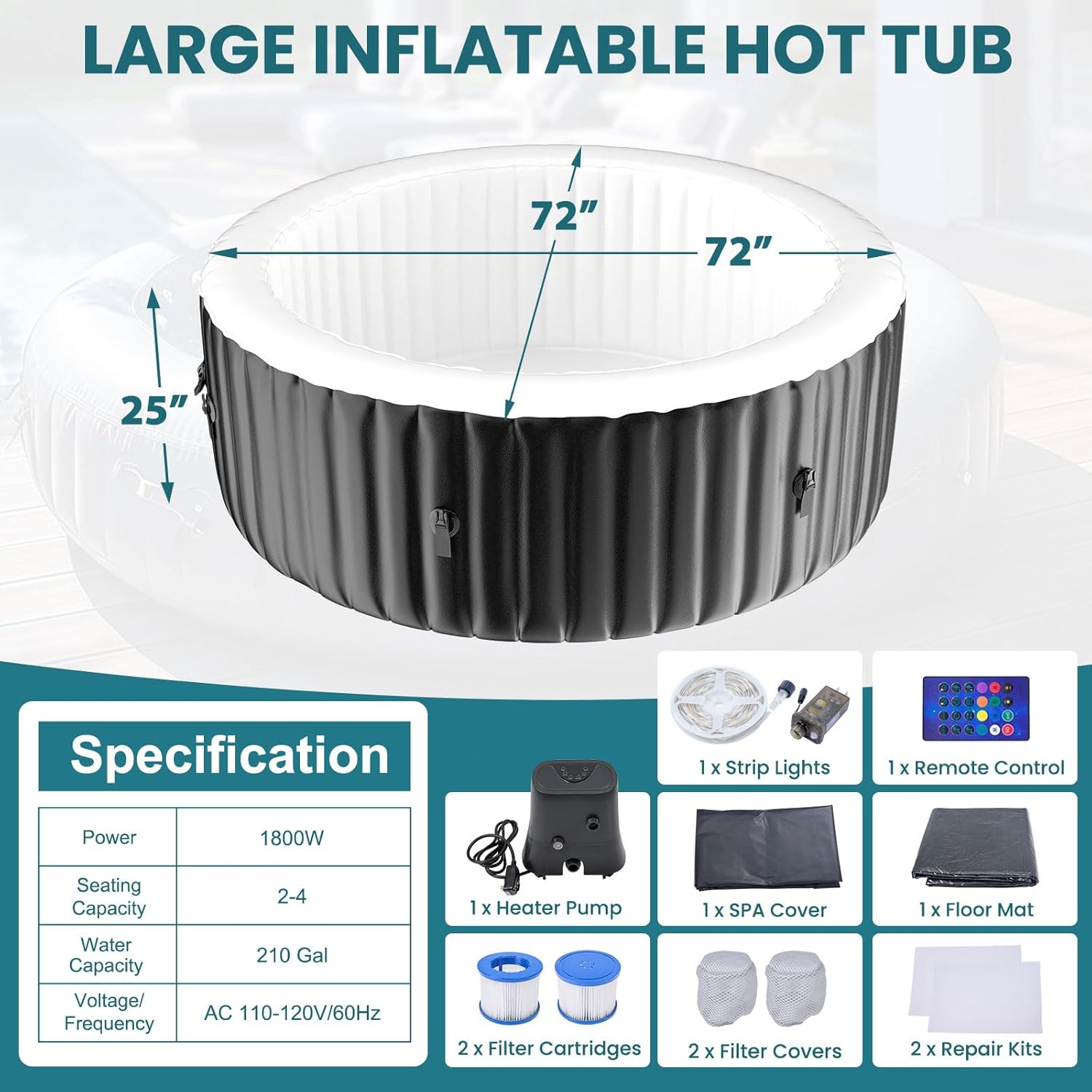 ⭐ Luxus Whirlpools – Aufblasbarer Whirlpool für 2–4 Personen mit farbwechselnder LED-Beleuchtung | Großer, runder und tragbarer Whirlpool mit 120 Sprudeldüsen | Inklusive Wärmepumpe, Filter und Isolierabdeckung | 180 cm x 180 cm x 63 cm – Bild 4