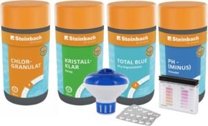 🧼 Zubehör & Pflege – STEINBACH Water Care Starter Set, Pool Chlorine Starter Set for Beginners, Mini Multitabs, Crystal Clear, Dosing Float, Test Kit, pH Lowering & Chlorine Granules, Pool Accessory Set for Beginners