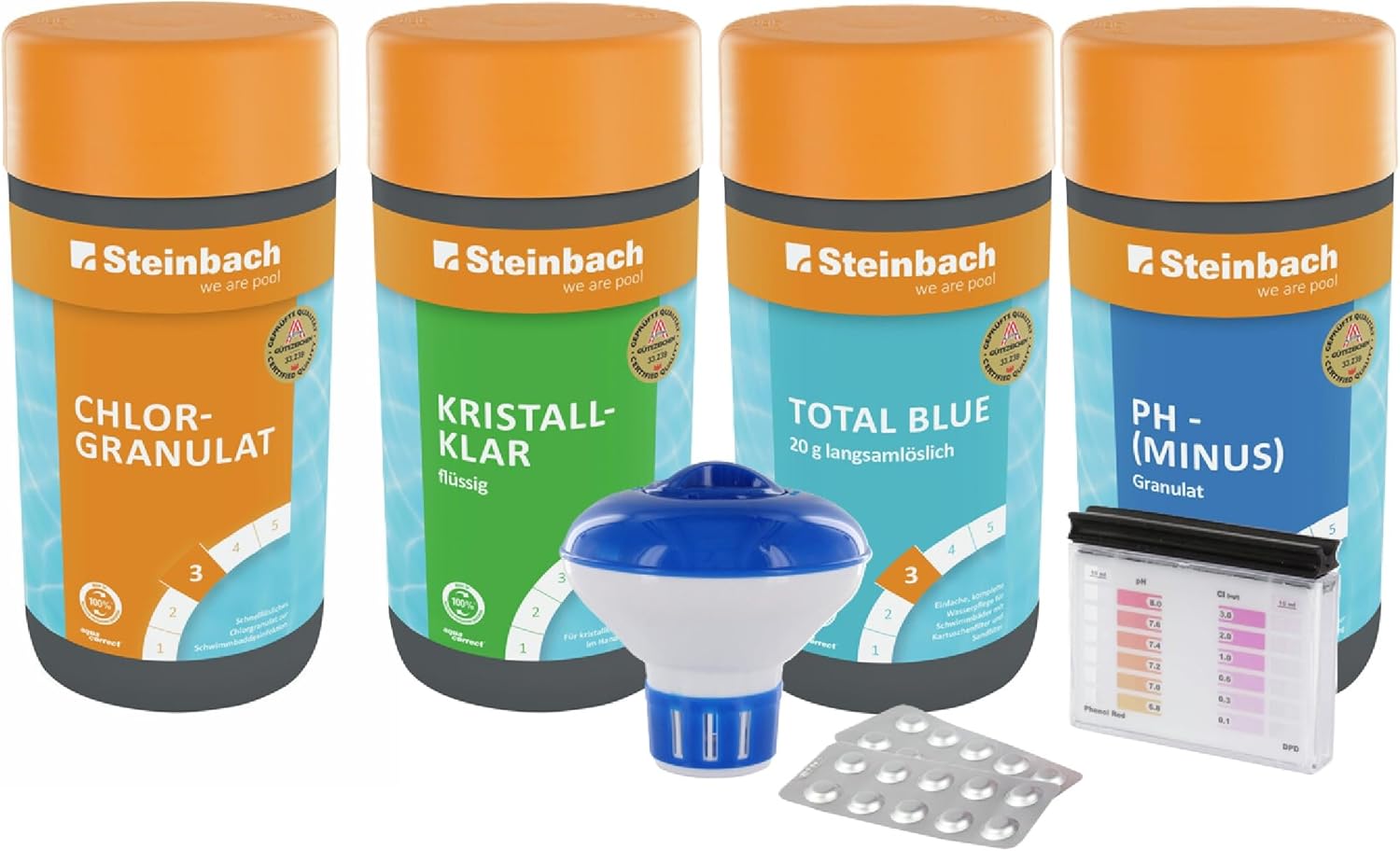 🧼 Zubehör & Pflege – STEINBACH Water Care Starter Set, Pool Chlorine Starter Set for Beginners, Mini Multitabs, Crystal Clear, Dosing Float, Test Kit, pH Lowering & Chlorine Granules, Pool Accessory Set for Beginners