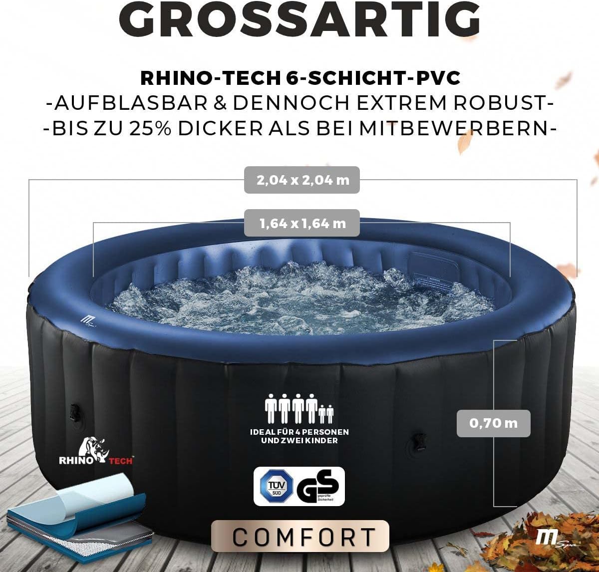 🧊 Whirlpools für Balkon & Terrasse – Miweba Aufblasbarer Whirlpool MSpa 2021, Comfort Bergen C-BE061, für 6 Personen, 138 Luftdüsen, 204,0 x 204,0 x 70,0 cm (Anthrazit/Blau) – Bild 5