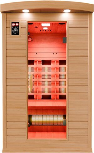 ⭐ Luxus Whirlpools – Dewello Infrarotsauna Hyder 115 cm x 105 cm inkl. Vollspektrumstrahler, Getränkehalter, Handtuchhalter.