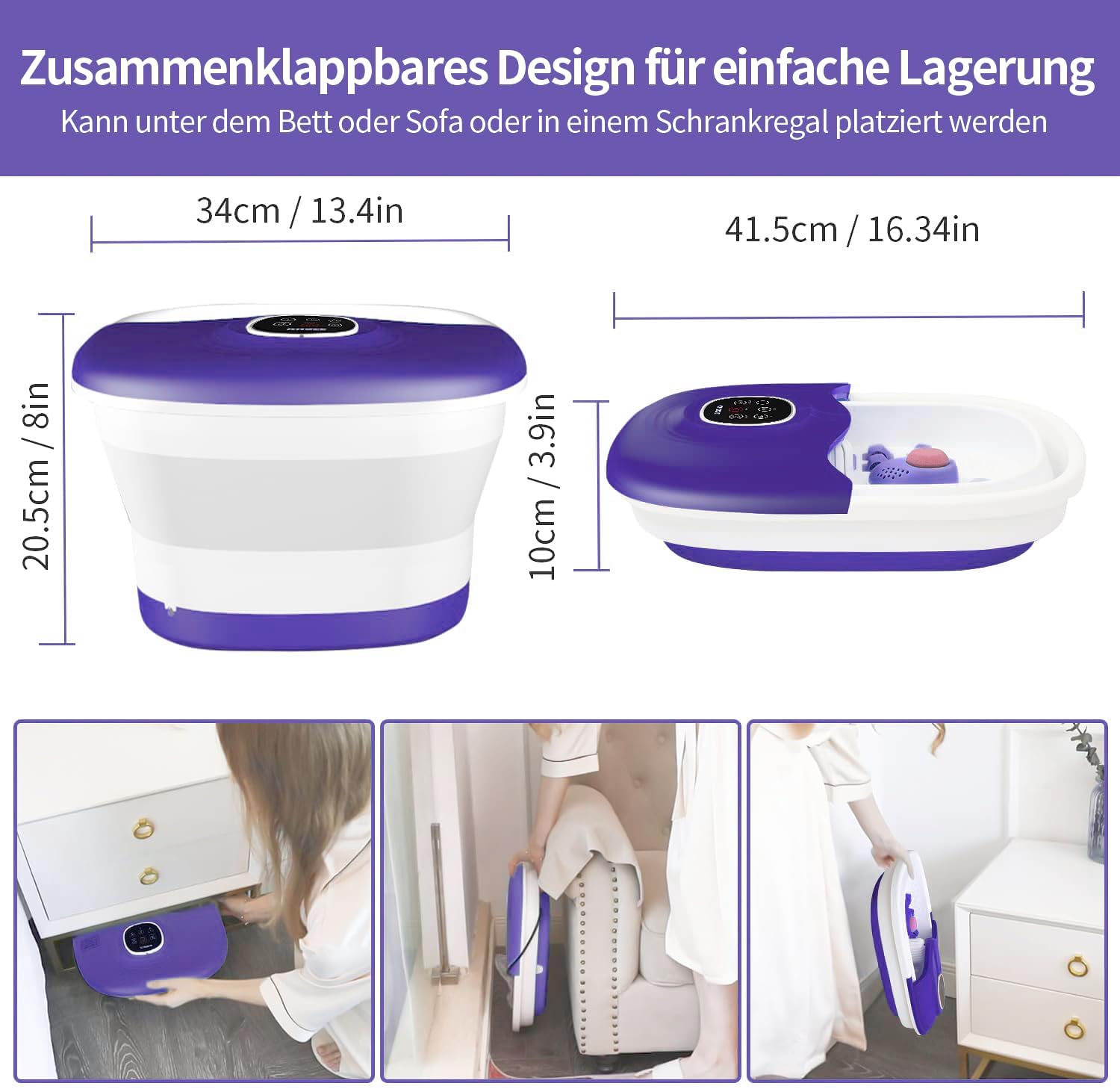 ⭐ Luxus Whirlpools – Fußsprudelbad mit Massage- und Heizfunktion, klappbares Fußmassagegerät, Fernbedienung, Wärmefunktion, Fußreflexzonenmassage, Timer, Fußbad mit 16 Shiatsu-Rollen, lila – Bild 7
