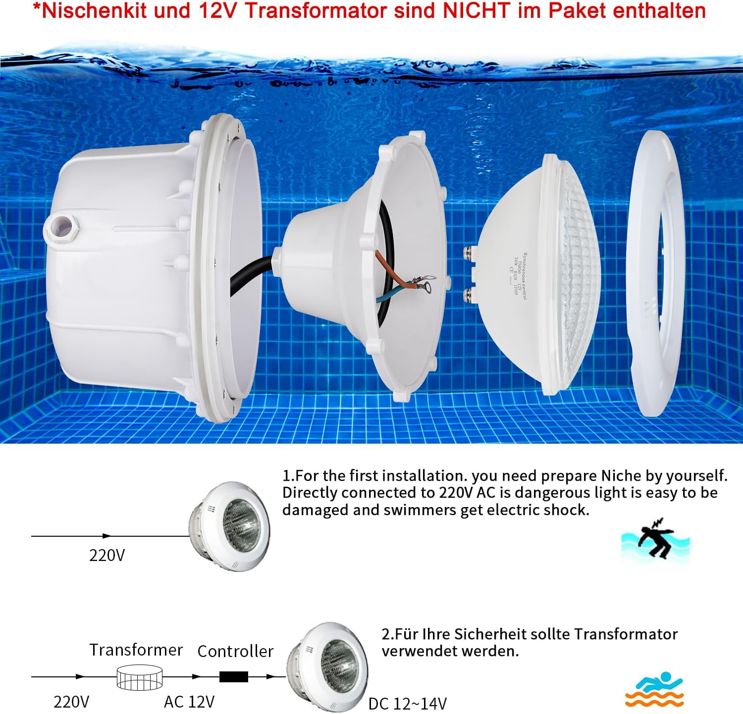 ⭐ Luxus Whirlpools – COOLWEST LED Poolbeleuchtung 36W PAR56 RGBW Poolbeleuchtung Unterwasser Externe Synchronisation IP68 mit Fernbedienung Poolbeleuchtung Unterwasser AC 12V für Schwimmbad- und Gartenbeleuchtung – Bild 5