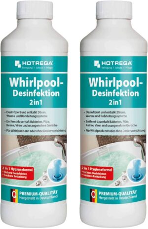 🧼 Zubehör & Pflege – HOTREGA Whirlpool-Desinfektion 2in1 2x 500 ml | Whirlpool Reiniger | Desinfiziert, reinigt und entkalkt | Kraftvoll gegen Bakterien Viren & Gerüche