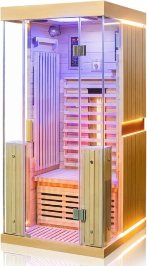 ⭐ Luxus Whirlpools – Dewello Kingston Infrared Cabin Infrared Sauna 90 cm x 90 cm for 1 Person Made of Hemlock Wood with Adjustable Full Spectrum Heater