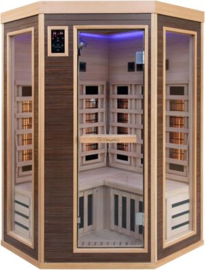 ⭐ Luxus Whirlpools – Dewello Montreal Infrared Sauna 120 x 120 cm 1-2 Person Including Full Spectrum Spotlight, LED Colour Light Made of Hemlock Fir Wood and Walnut Wood, Bluetooth, FM, MP3, USB