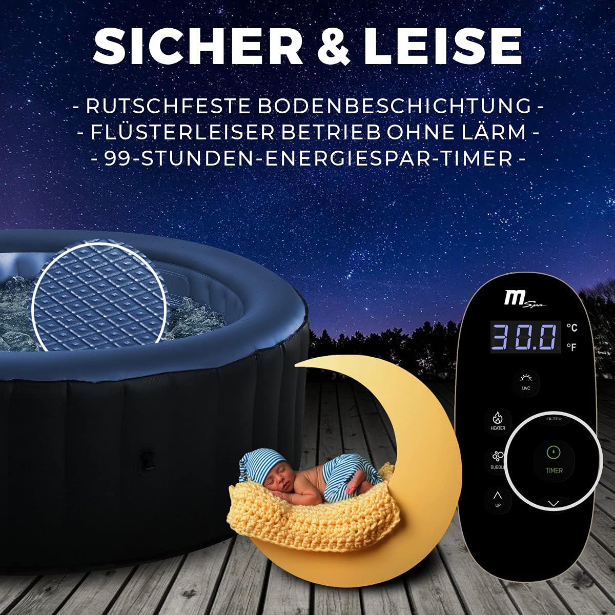 🧊 Whirlpools für Balkon & Terrasse – Miweba Aufblasbarer Whirlpool MSpa 2021, Comfort Bergen C-BE061, für 6 Personen, 138 Luftdüsen, 204,0 x 204,0 x 70,0 cm (Anthrazit/Blau) – Bild 7