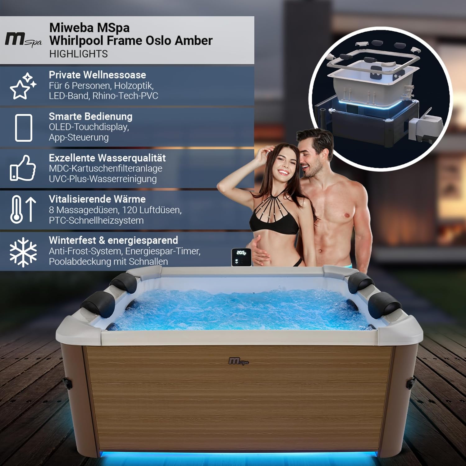 👨👩👧👦 Whirlpools für Familien & Gruppen – Miweba MSpa Außenwhirlpool | Frame Oslo Amber mit fester Außenwand – Pool mit App-Steuerung – Spa für 6 Personen 160 x 160 cm – UVC+ Wasserreinigung – oberirdischer Pool – Whirlpool – Bild 2