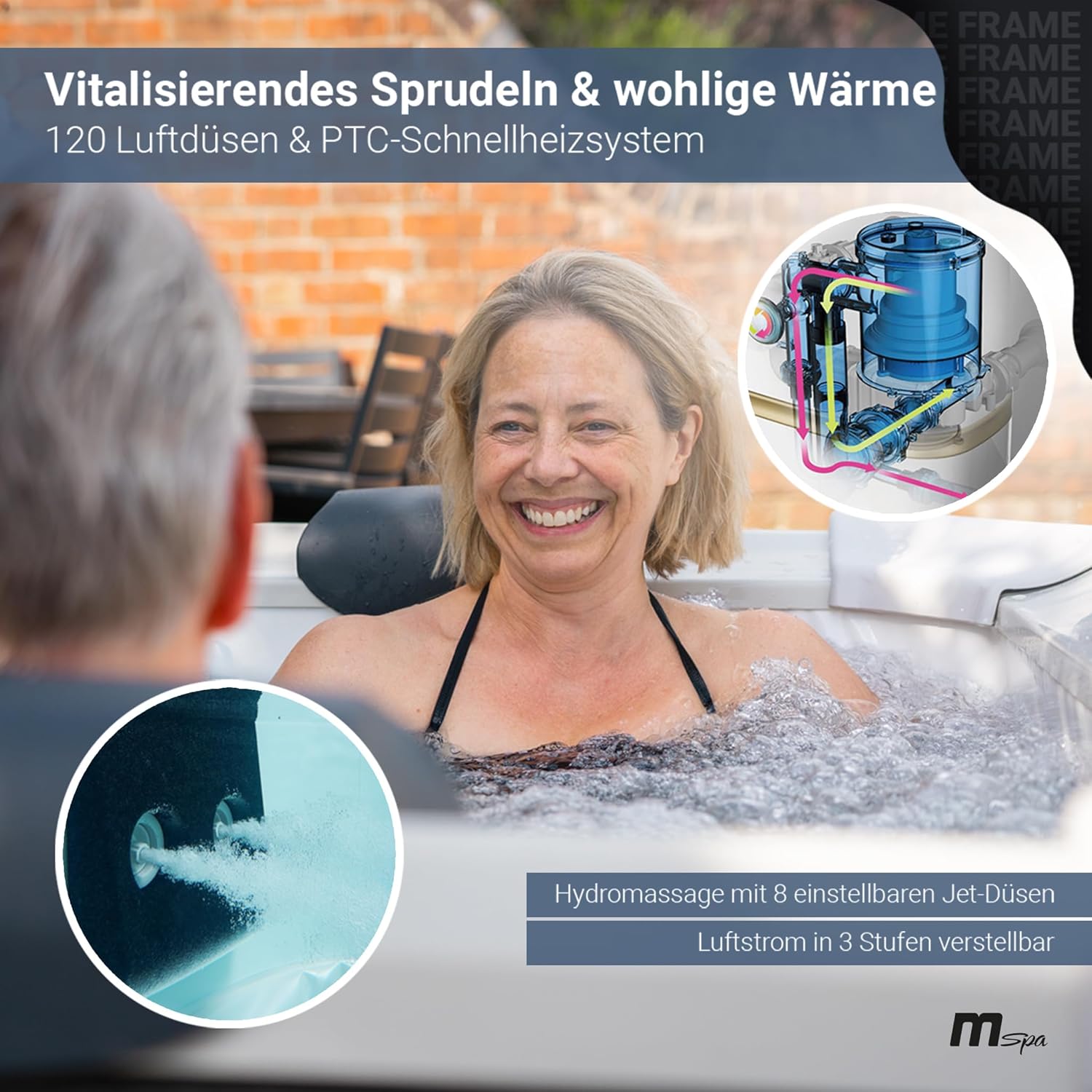 👨👩👧👦 Whirlpools für Familien & Gruppen – Miweba MSpa Außenwhirlpool | Frame Oslo Amber mit fester Außenwand – Pool mit App-Steuerung – Spa für 6 Personen 160 x 160 cm – UVC+ Wasserreinigung – oberirdischer Pool – Whirlpool – Bild 6
