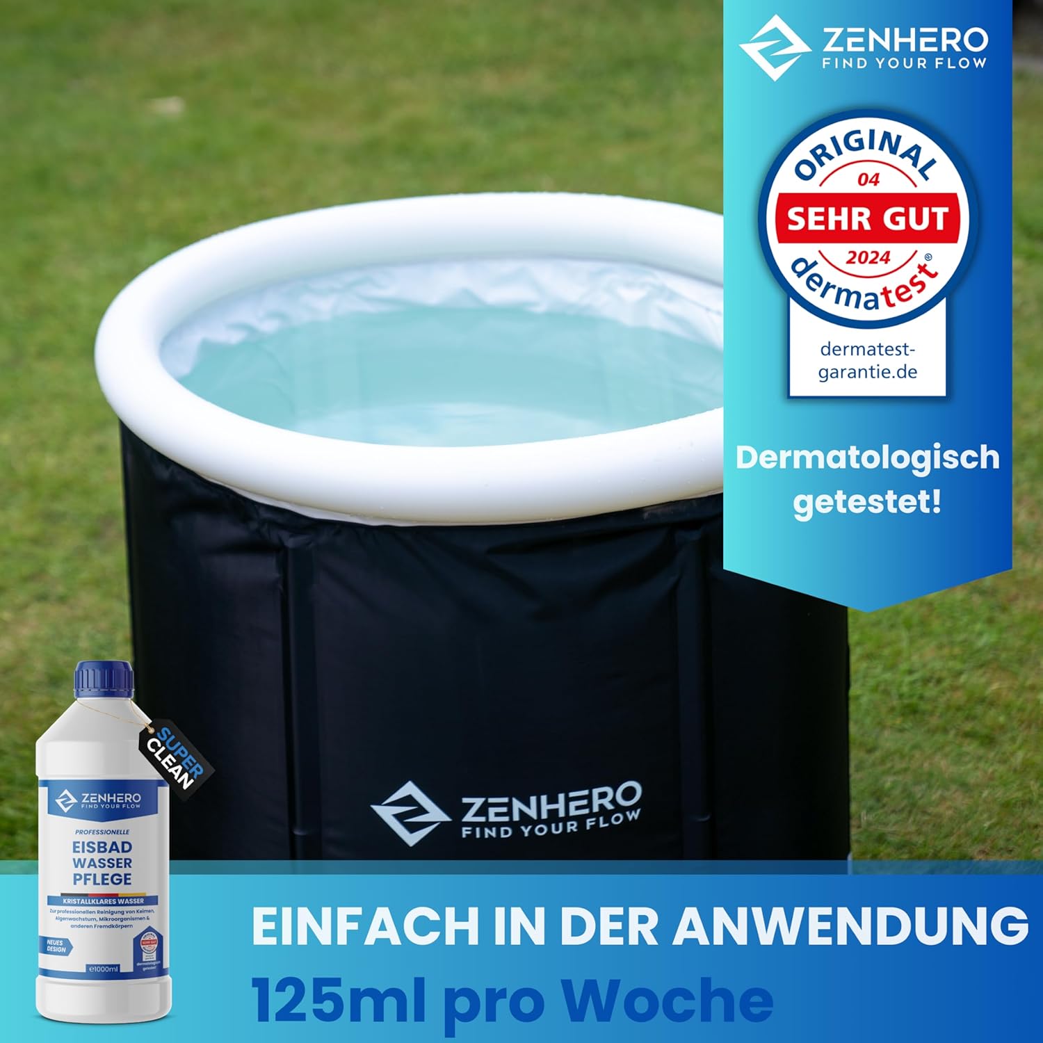🧼 Zubehör & Pflege – Zenhero® Eisbad Water Care MD Water Clean 1000 ml - Skin-friendly & Effective - Nature-Identical Active Ingredient - Dermatest Very Good Excellent - For Ice Bath, Ice Barrel, Ice Pool - Made in – Bild 3
