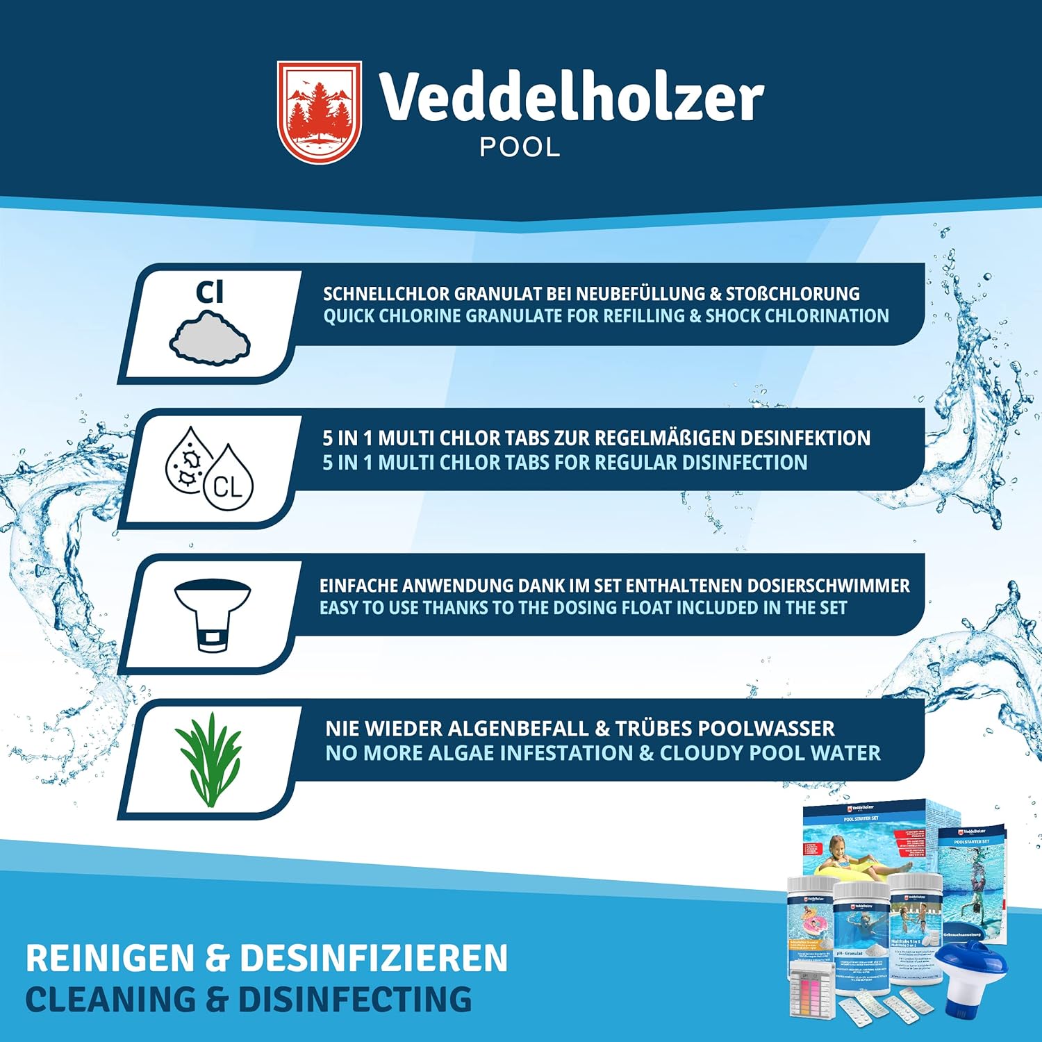 🧼 Zubehör & Pflege – Veddelholzer 5 in 1 Pool Cleaning Set, Pool Cleaner, Tester pH, pH Minus Granules, Chlorine Tablets for Pool 20 g, Chlorine Granules, Skimmer for Pool Care with Instructions Perfect Pool & Whirpool – Bild 3