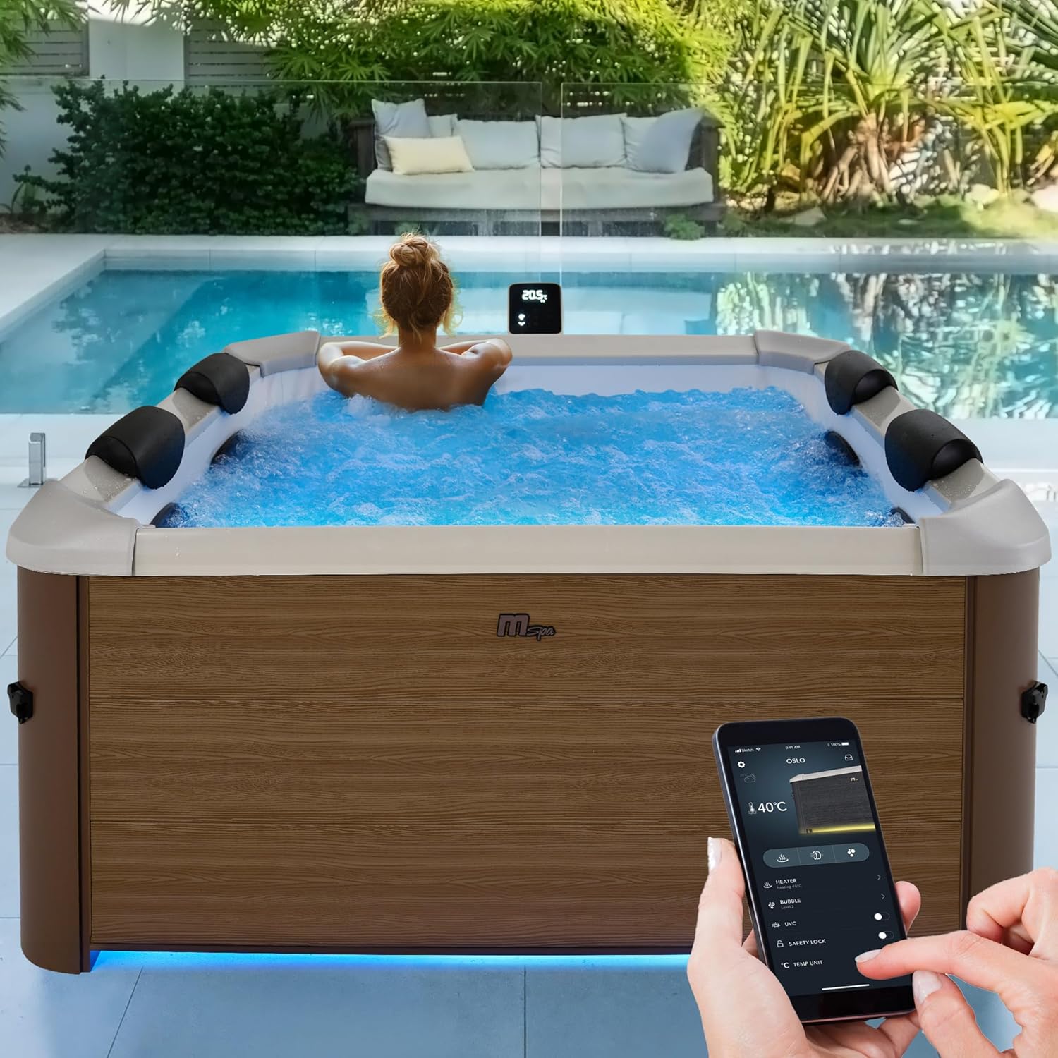 👨👩👧👦 Whirlpools für Familien & Gruppen – Miweba MSpa Außenwhirlpool | Frame Oslo Amber mit fester Außenwand – Pool mit App-Steuerung – Spa für 6 Personen 160 x 160 cm – UVC+ Wasserreinigung – oberirdischer Pool – Whirlpool
