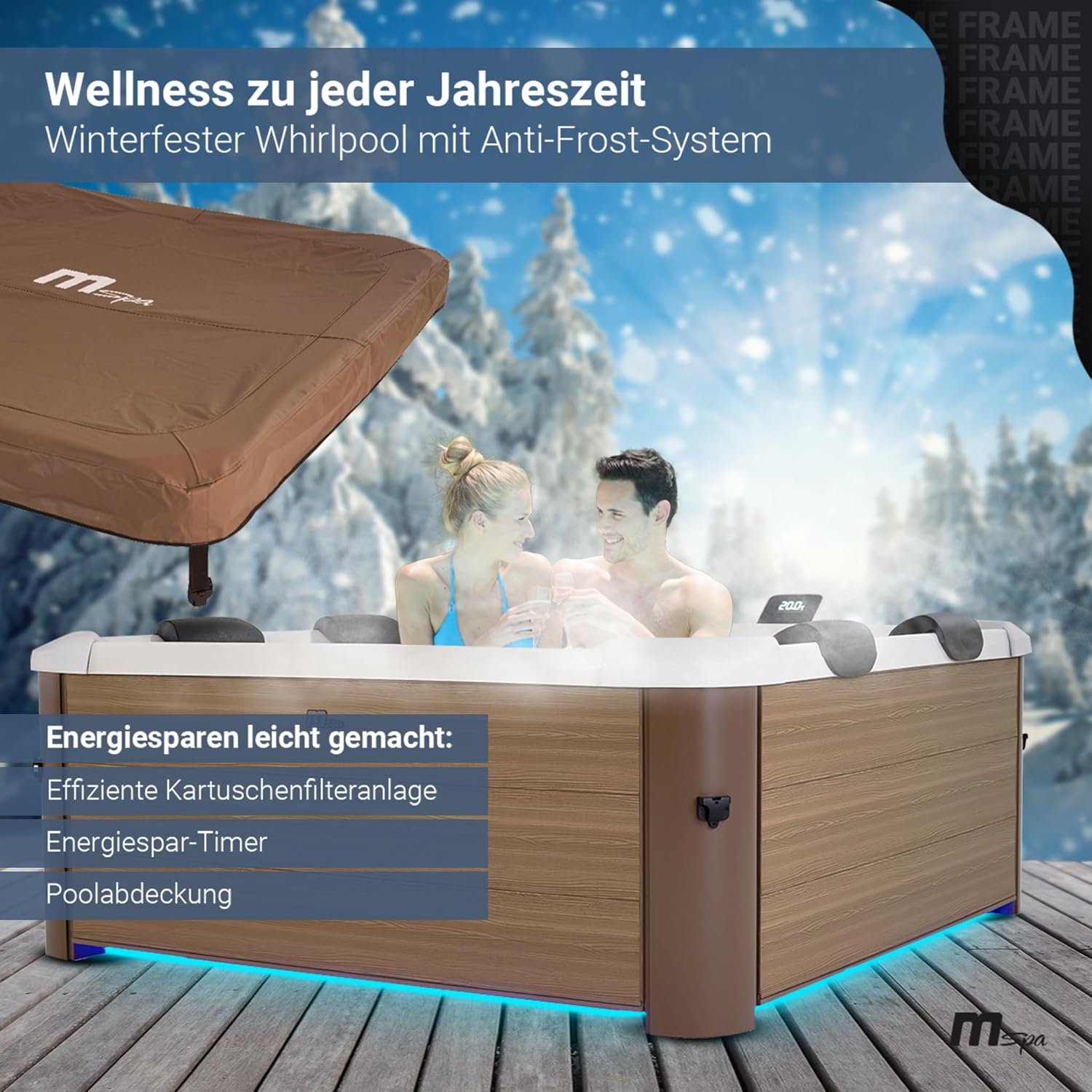 👨👩👧👦 Whirlpools für Familien & Gruppen – Miweba MSpa Außenwhirlpool | Frame Oslo Amber mit fester Außenwand – Pool mit App-Steuerung – Spa für 6 Personen 160 x 160 cm – UVC+ Wasserreinigung – oberirdischer Pool – Whirlpool – Bild 8
