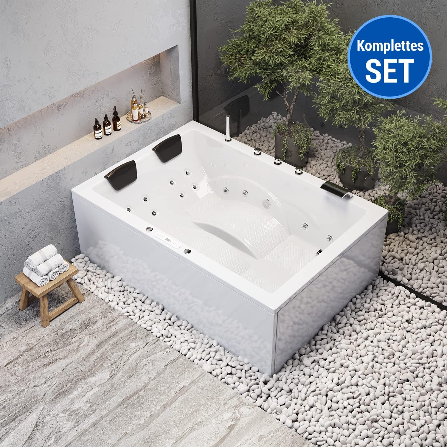 ⭐ Luxus Whirlpools – AQUADE Jacuzzi Marburg Classic 2 Personen Whirlpool 180 x 130 cm mit LED Whirlpoolbeleuchtung, Wasserhahn Whirlpool Badewanne & Badekissen für Badewanne Whirlpool 2 Personen / Badewanne Komplettset – Bild 5