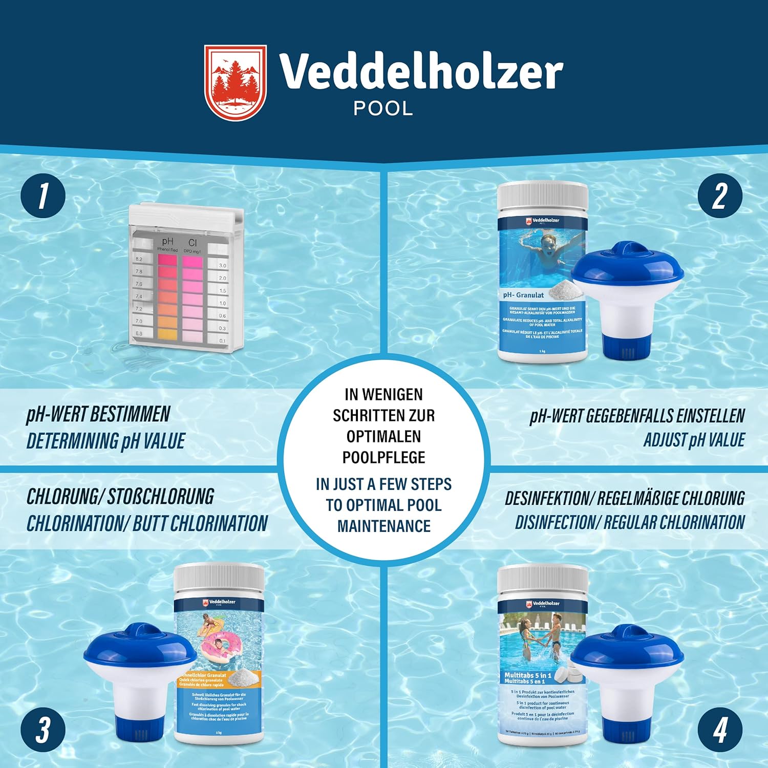 🧼 Zubehör & Pflege – Veddelholzer 5 in 1 Pool Cleaning Set, Pool Cleaner, Tester pH, pH Minus Granules, Chlorine Tablets for Pool 20 g, Chlorine Granules, Skimmer for Pool Care with Instructions Perfect Pool & Whirpool – Bild 5
