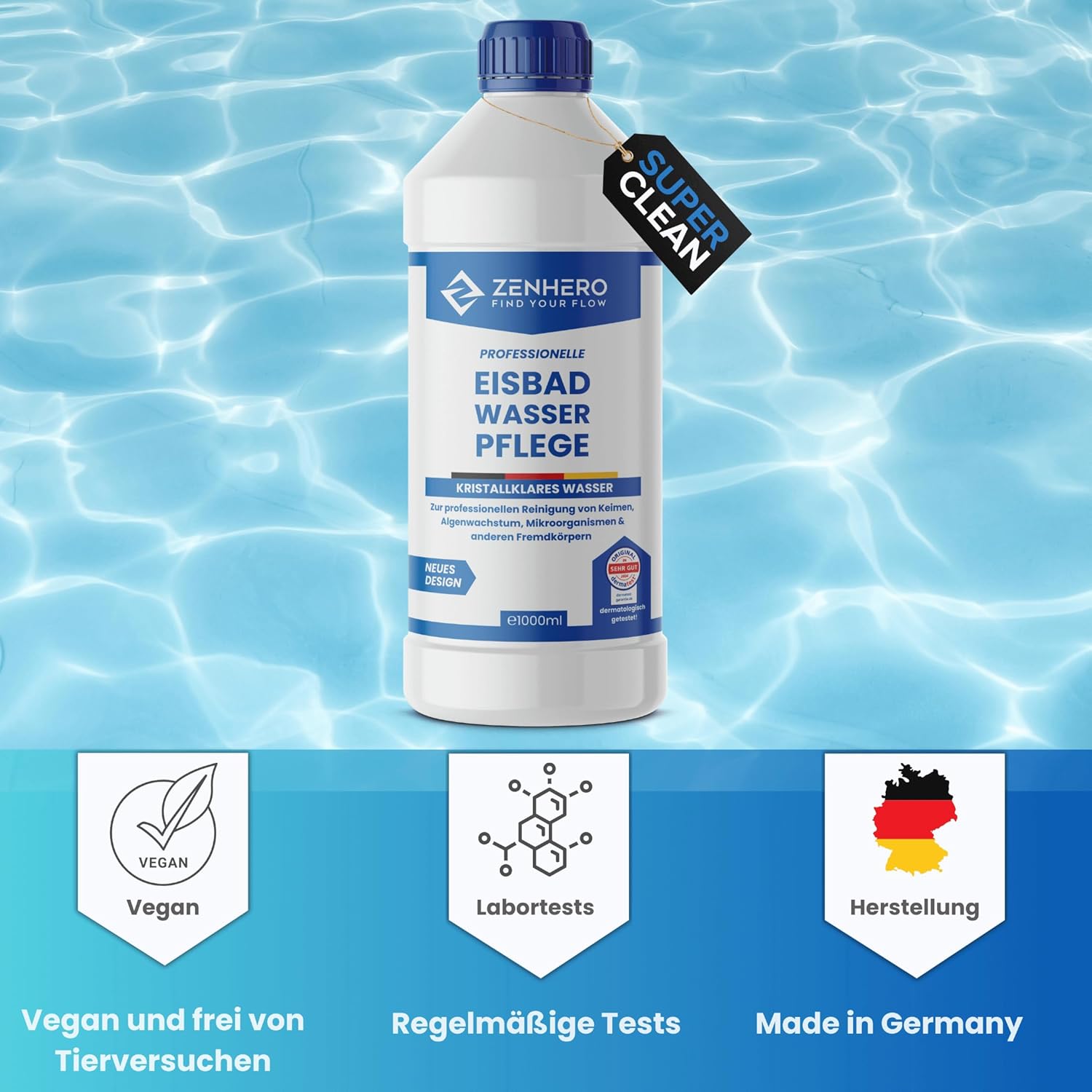 🧼 Zubehör & Pflege – Zenhero® Eisbad Water Care MD Water Clean 1000 ml - Skin-friendly & Effective - Nature-Identical Active Ingredient - Dermatest Very Good Excellent - For Ice Bath, Ice Barrel, Ice Pool - Made in – Bild 6