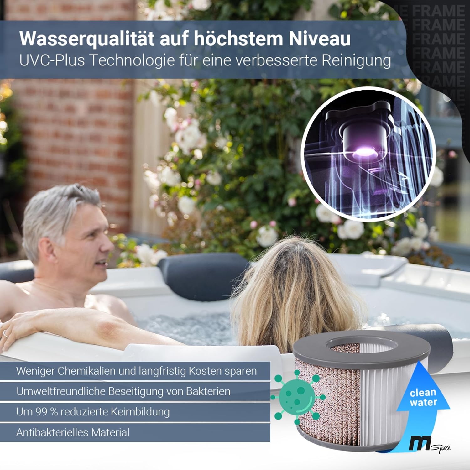 👨👩👧👦 Whirlpools für Familien & Gruppen – Miweba MSpa Außenwhirlpool | Frame Oslo Amber mit fester Außenwand – Pool mit App-Steuerung – Spa für 6 Personen 160 x 160 cm – UVC+ Wasserreinigung – oberirdischer Pool – Whirlpool – Bild 4