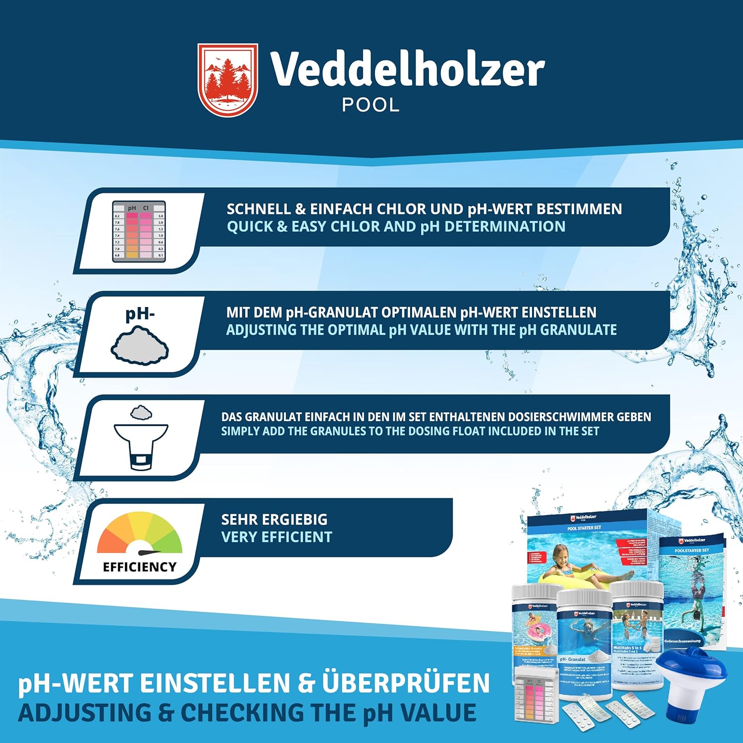 🧼 Zubehör & Pflege – Veddelholzer 5 in 1 Pool Cleaning Set, Pool Cleaner, Tester pH, pH Minus Granules, Chlorine Tablets for Pool 20 g, Chlorine Granules, Skimmer for Pool Care with Instructions Perfect Pool & Whirpool – Bild 2