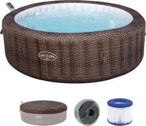 ⭐ Luxus Whirlpools – Bestway Lay-Z-SPA Bali AirJet Energiespar-Whirlpool mit App-Steuerung + integrierter UltraFit-Pumpeneinheit, für 7 Personen, Ø 216 x 71 cm, Rattan-Optik (Schokoladenbraun)