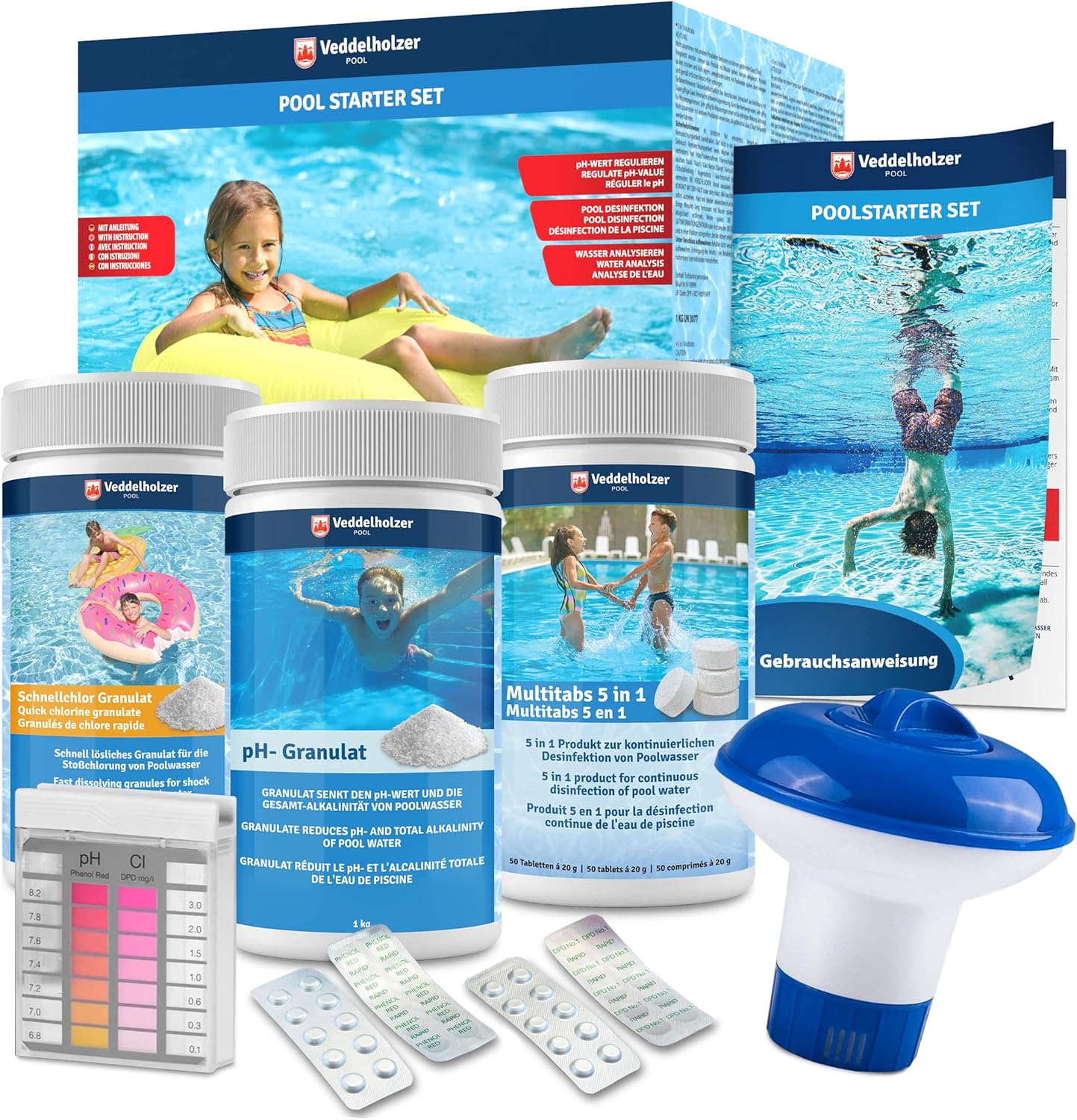 🧼 Zubehör & Pflege – Veddelholzer 5 in 1 Pool Cleaning Set, Pool Cleaner, Tester pH, pH Minus Granules, Chlorine Tablets for Pool 20 g, Chlorine Granules, Skimmer for Pool Care with Instructions Perfect Pool & Whirpool