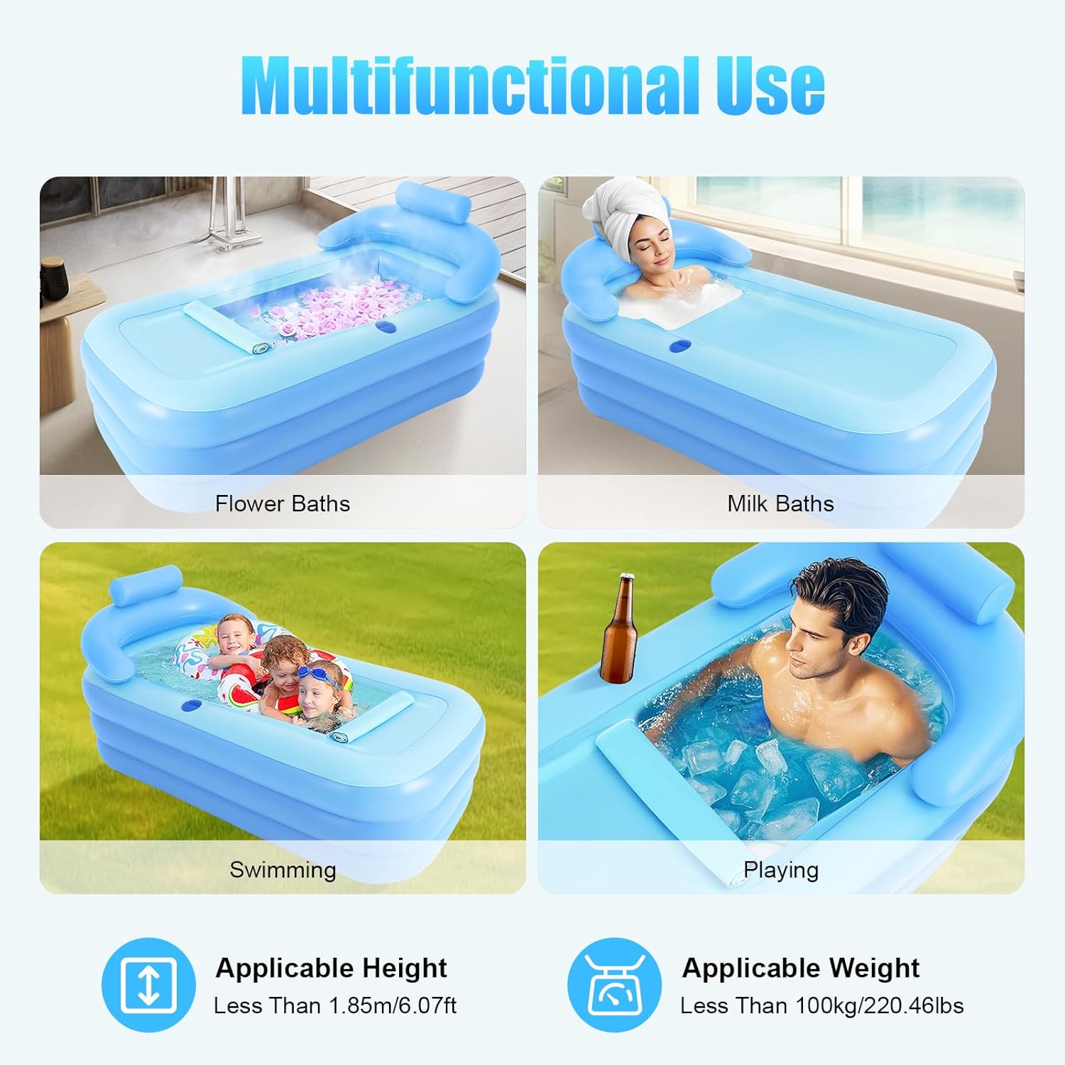 ⭐ Luxus Whirlpools – Aufblasbare Badewanne für Erwachsene und Kinder, tragbare freistehende faltbare Badewanne mit Wasserbecherhalter und Rückenlehne für Indoor-Outdoor-Spa – Bild 6