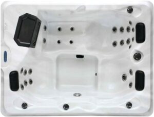 ⭐ Luxus Whirlpools – Diablo Außenwhirlpool, weiß, mit Abdeckung und Treppe, Maße 210 x 160 x 80 cm, 25 Massagedüsen, LED-Beleuchtung, Bluetooth, Audiosystem, Whirlpool Spa für 3 Personen